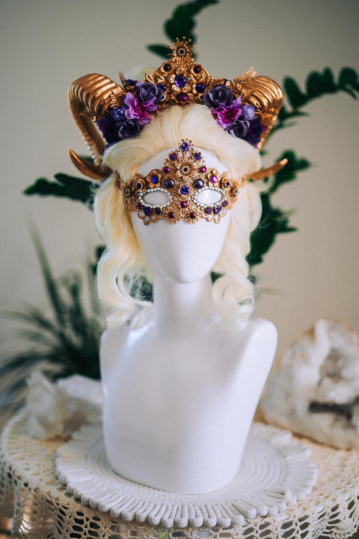 Aries Ram Crown, Fantasy Goddess Crown, Zodiac Headpiece, Horn Crown, Purple Gold Crown, Masquerade Crown, Renaissance Headpiece