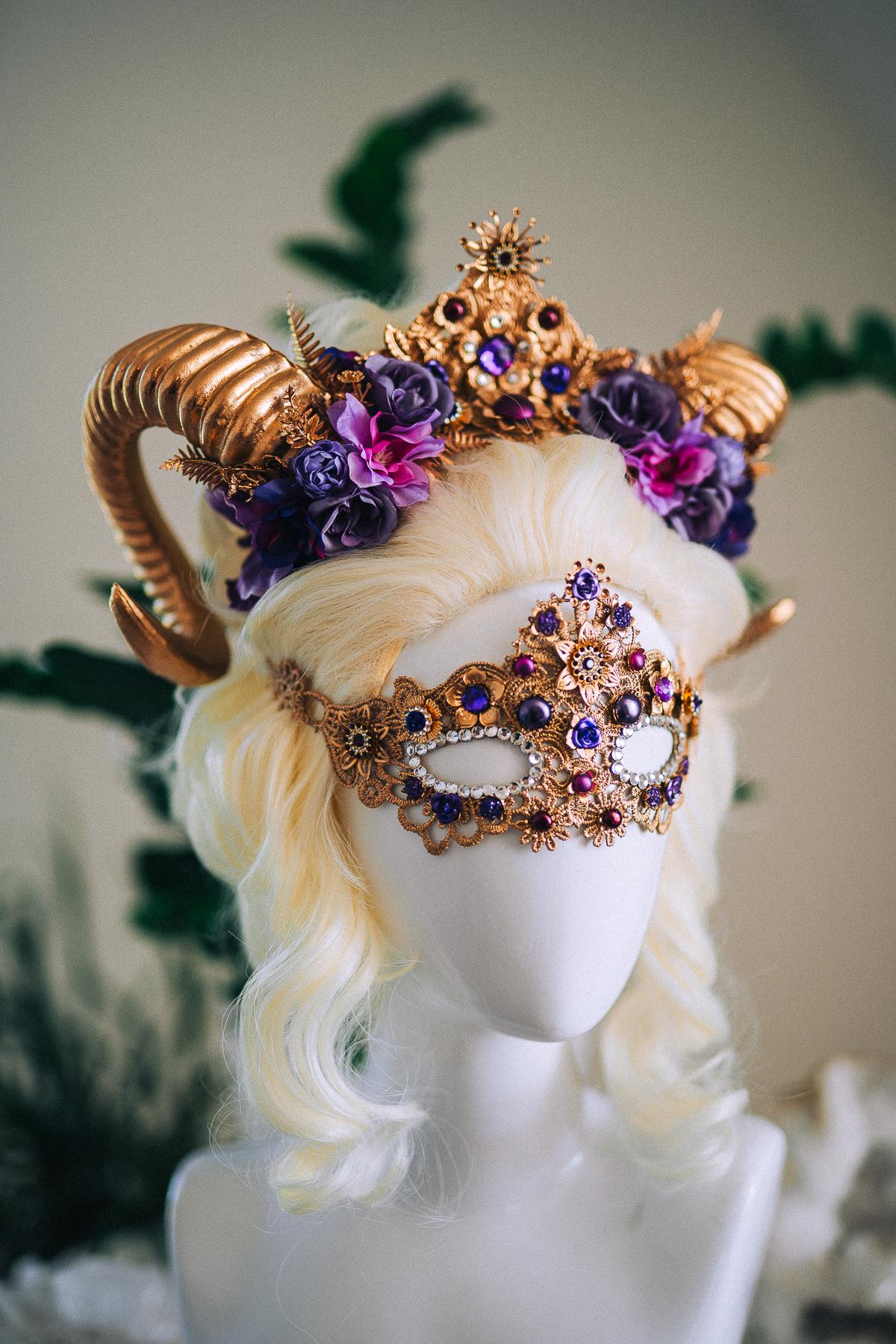 Aries Ram Crown, Fantasy Goddess Crown, Zodiac Headpiece, Horn Crown, Purple Gold Crown, Masquerade Crown, Renaissance Headpiece