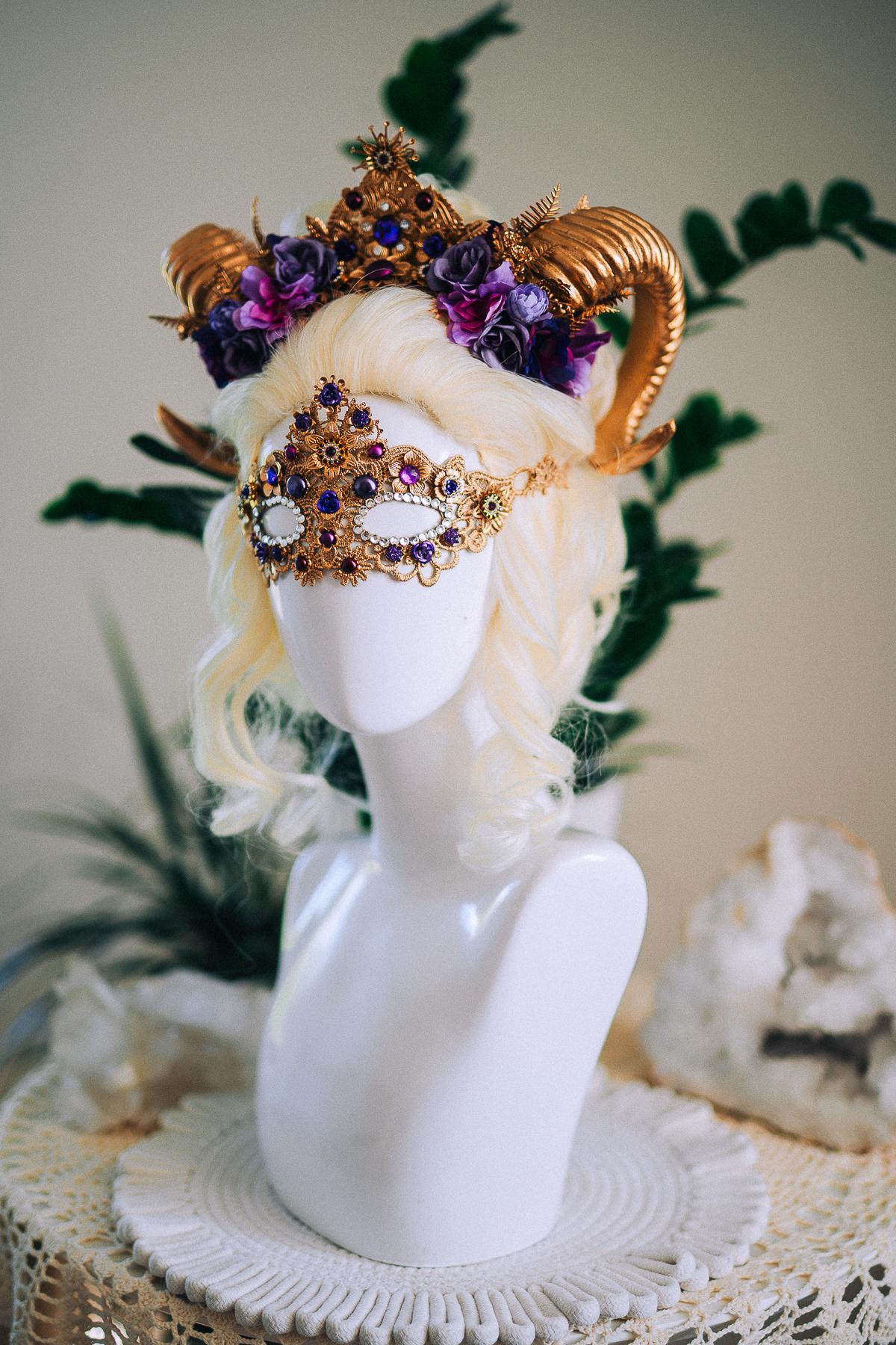 Aries Ram Crown, Fantasy Goddess Crown, Zodiac Headpiece, Horn Crown, Purple Gold Crown, Masquerade Crown, Renaissance Headpiece