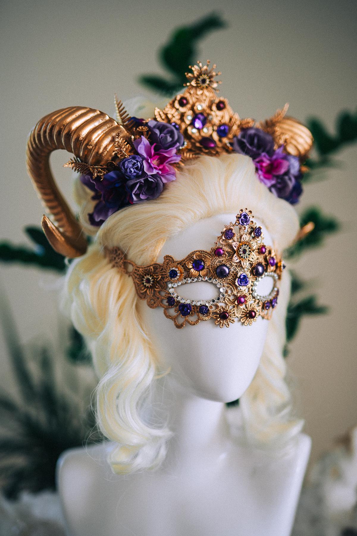 Aries Ram Crown, Fantasy Goddess Crown, Zodiac Headpiece, Horn Crown, Purple Gold Crown, Masquerade Crown, Renaissance Headpiece