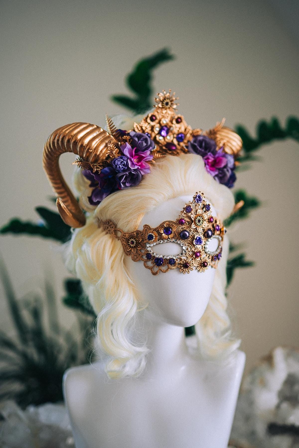 Aries Ram Crown, Fantasy Goddess Crown, Zodiac Headpiece, Horn Crown, Purple Gold Crown, Masquerade Crown, Renaissance Headpiece