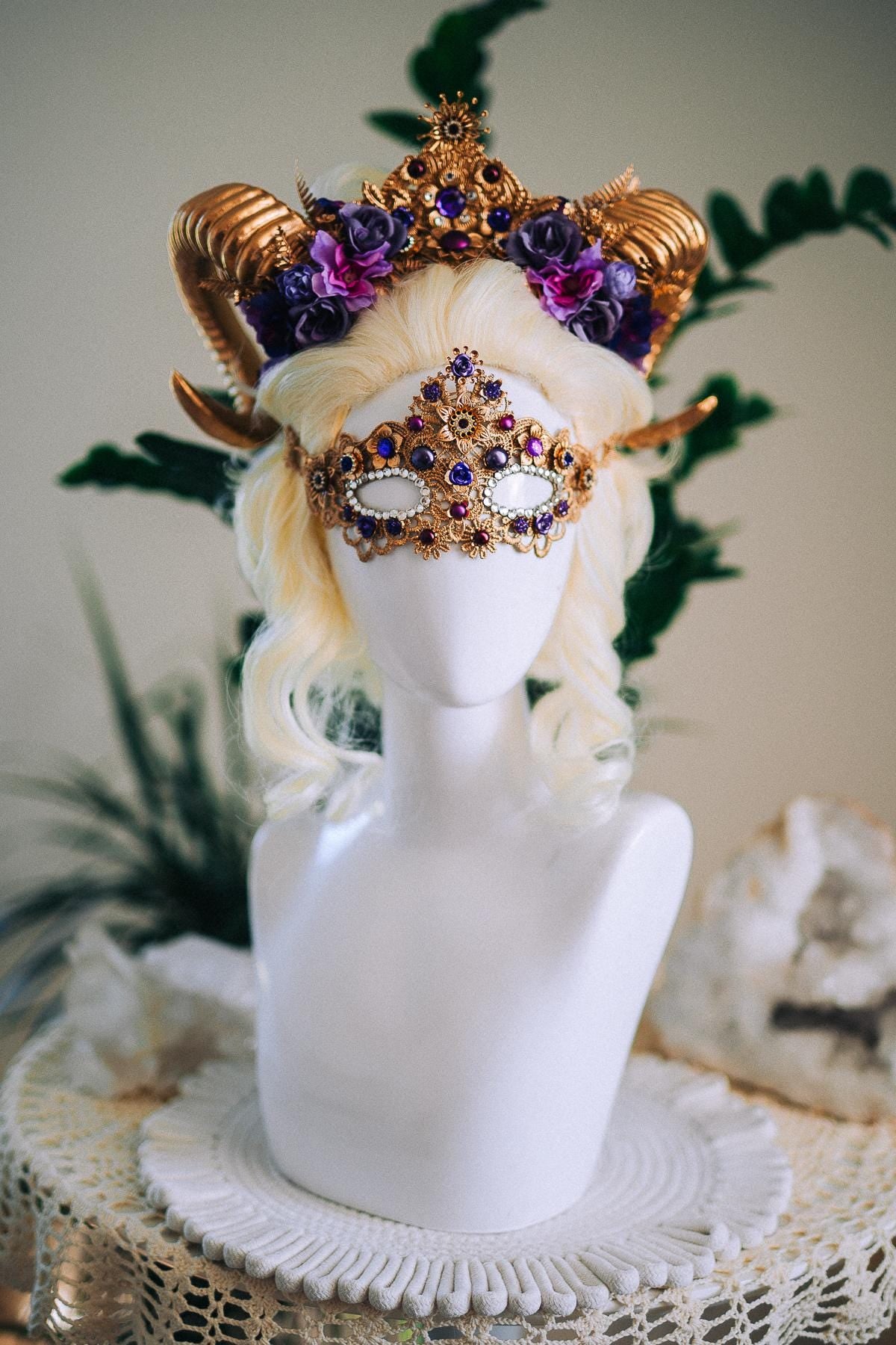Aries Masquerade Mask, Fantasy Mask, Ram Goddess Mask, Purple Venetian Mask, Zodiac Costume Mask, Luxury Carnival Mask