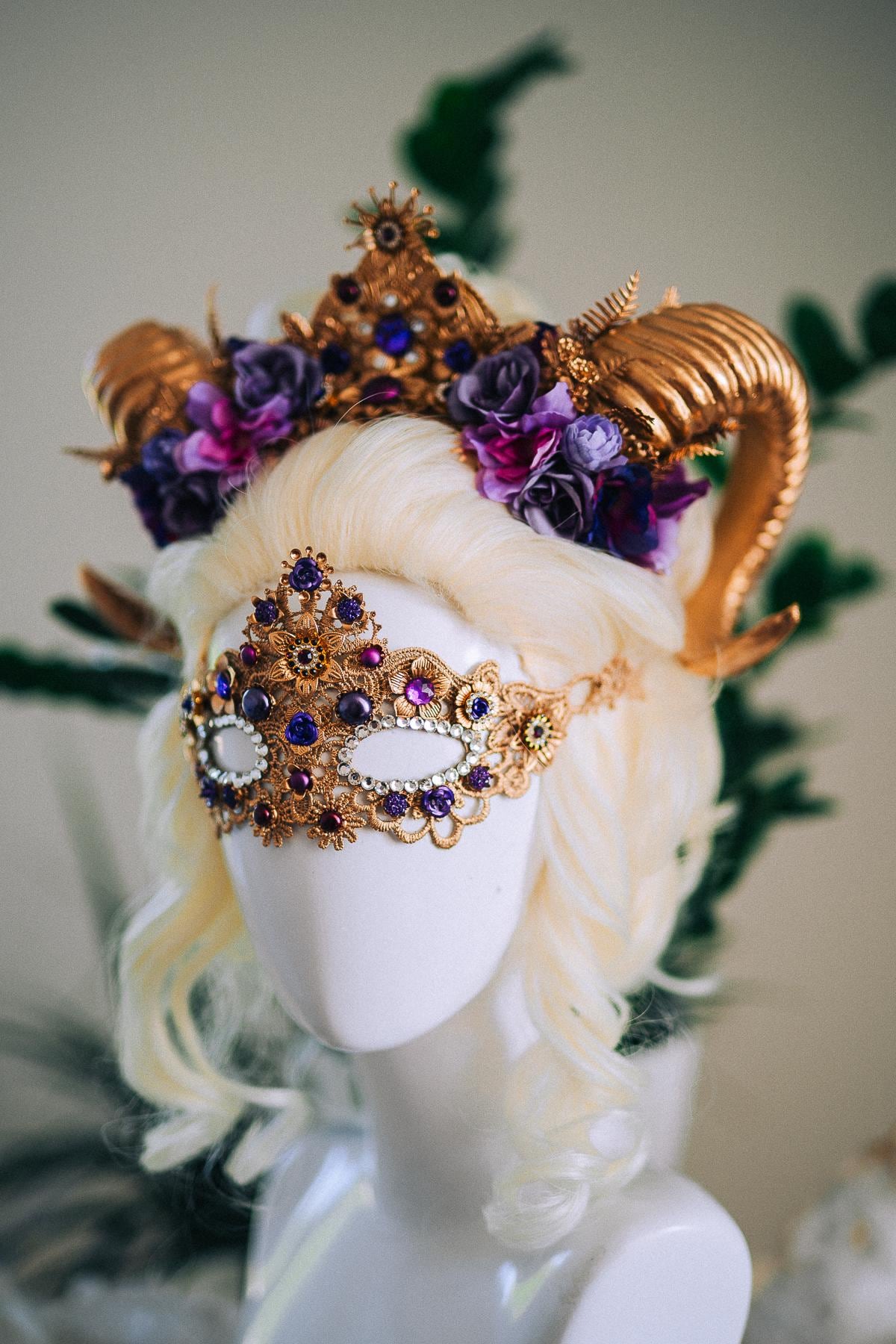 Aries Masquerade Mask, Fantasy Mask, Ram Goddess Mask, Purple Venetian Mask, Zodiac Costume Mask, Luxury Carnival Mask