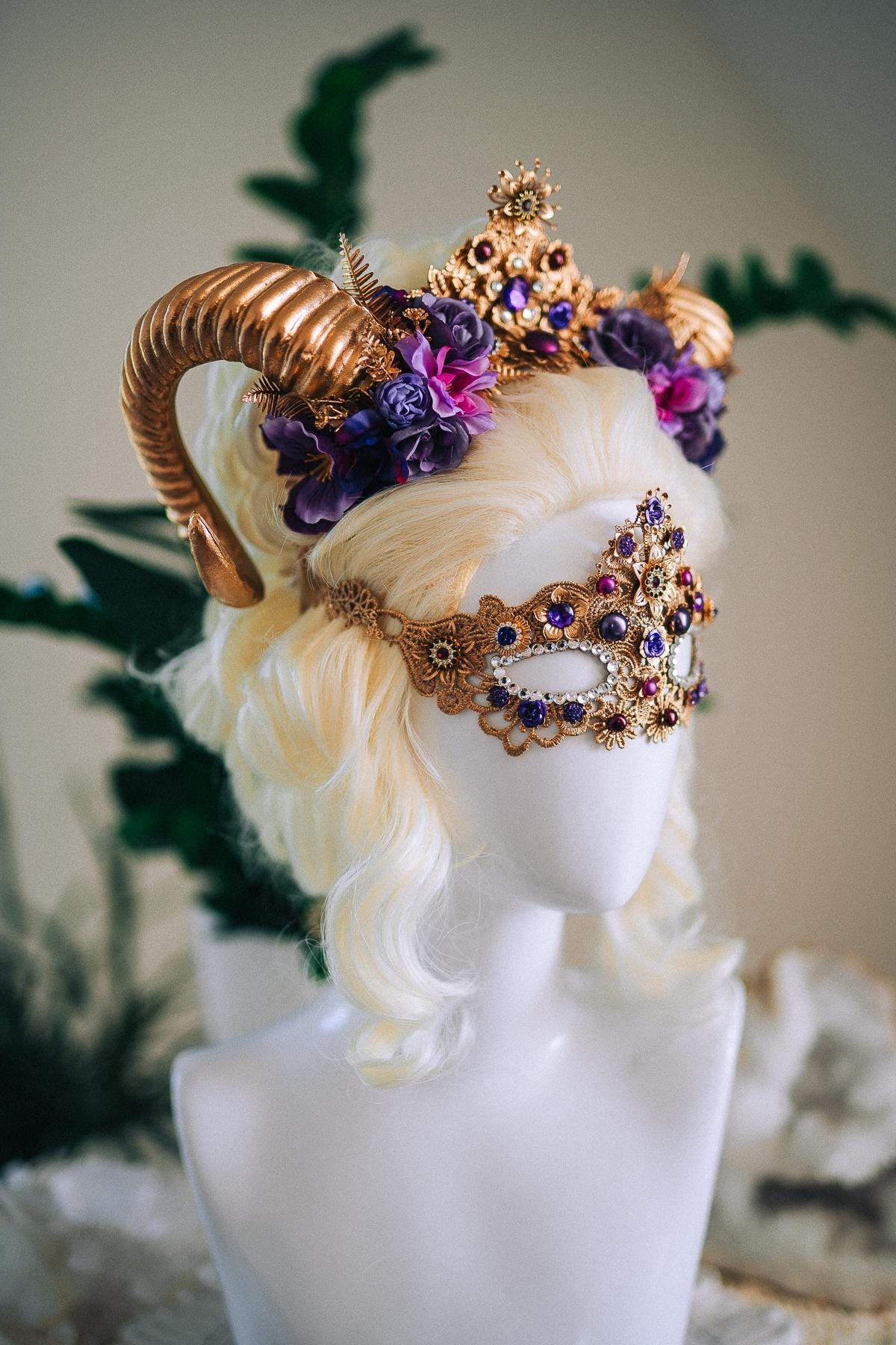 Aries Masquerade Mask, Fantasy Mask, Ram Goddess Mask, Purple Venetian Mask, Zodiac Costume Mask, Luxury Carnival Mask