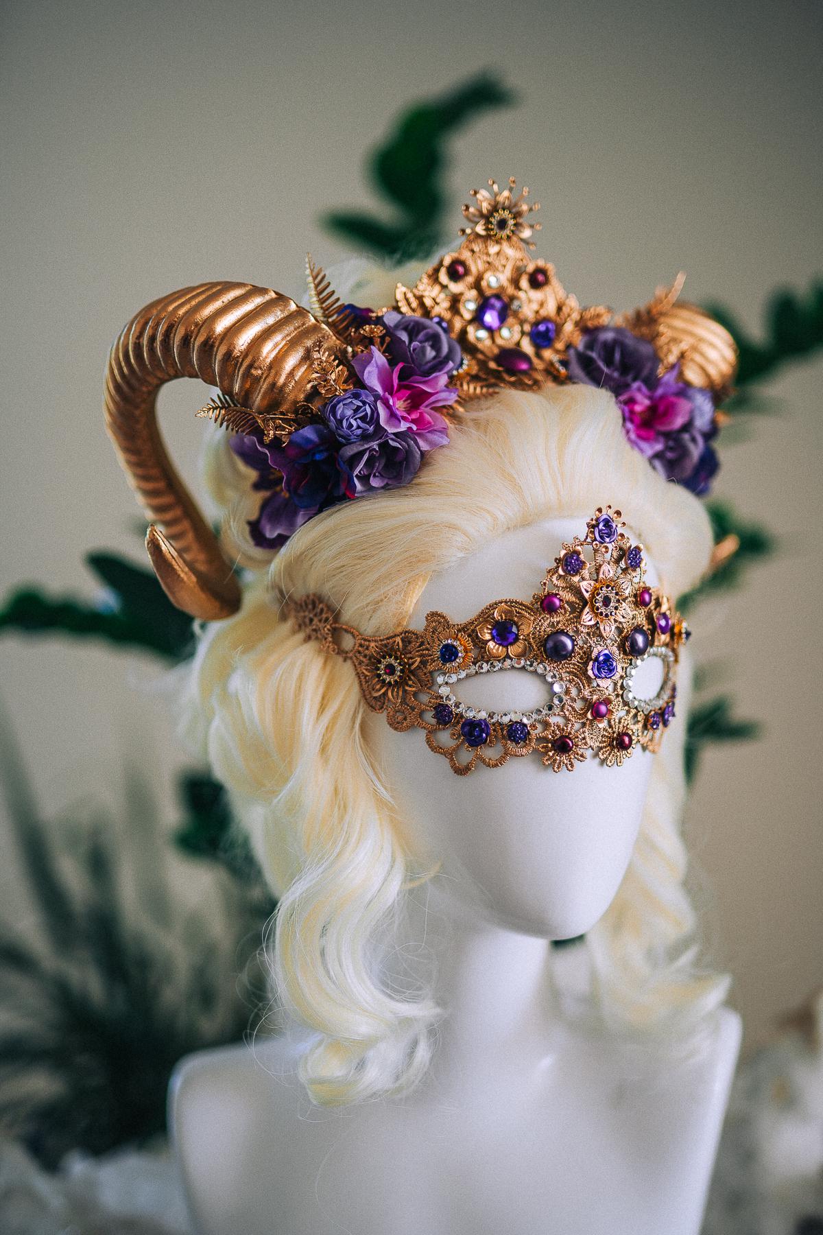 Aries Masquerade Mask, Fantasy Mask, Ram Goddess Mask, Purple Venetian Mask, Zodiac Costume Mask, Luxury Carnival Mask