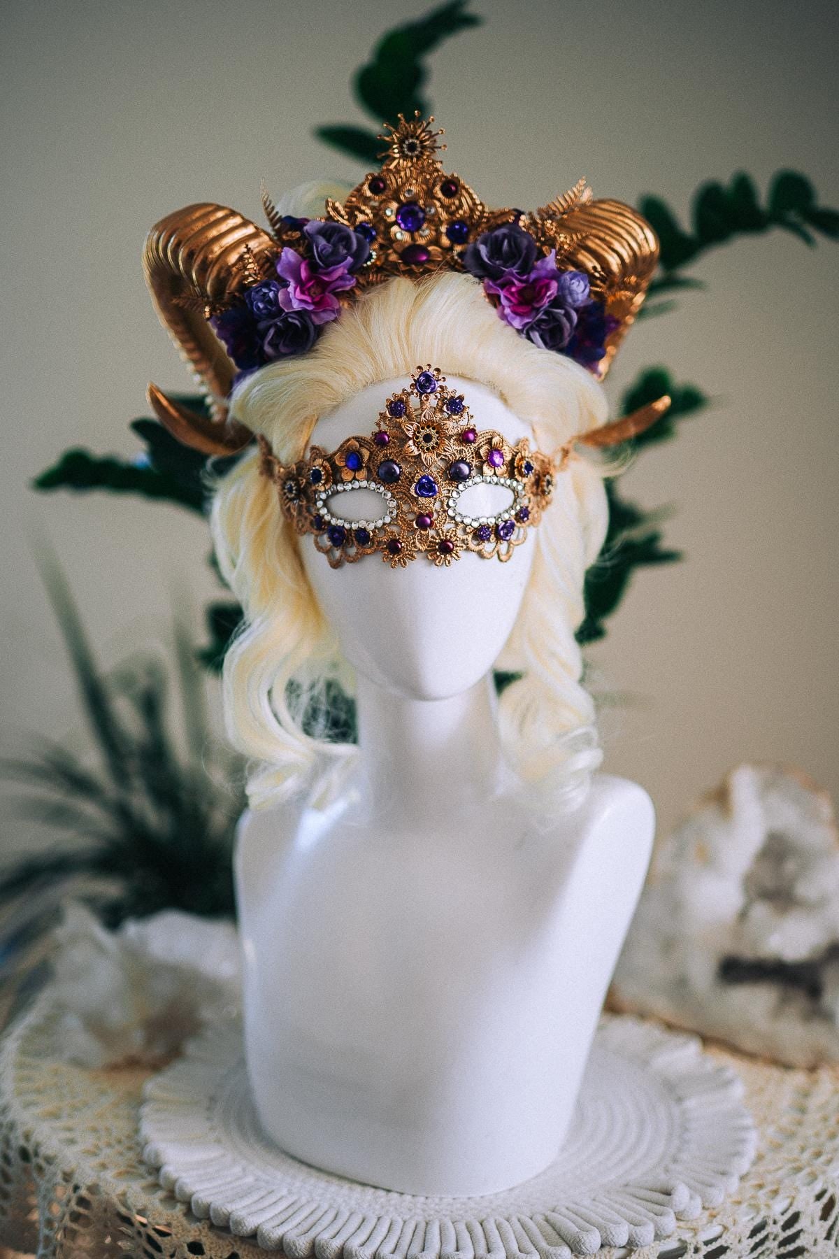 Aries Masquerade Mask, Fantasy Mask, Ram Goddess Mask, Purple Venetian Mask, Zodiac Costume Mask, Luxury Carnival Mask