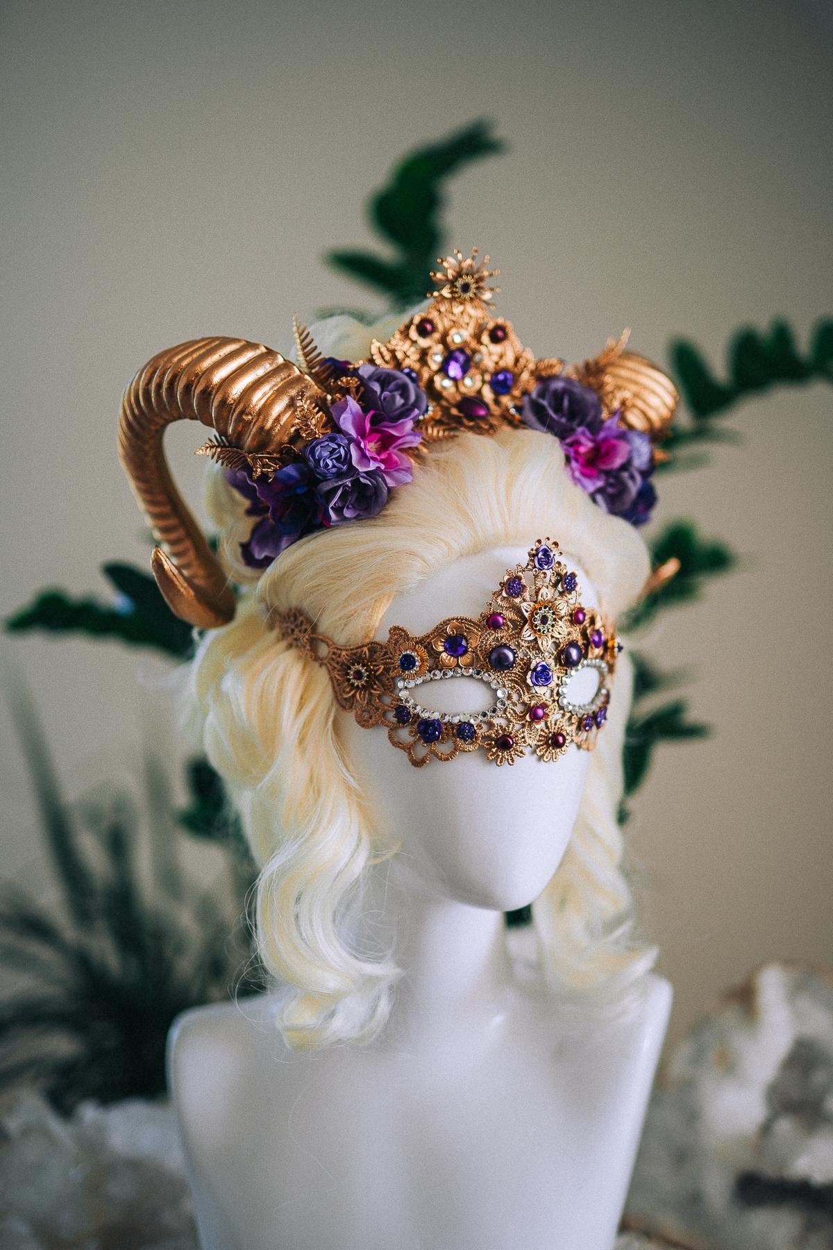 Aries Masquerade Mask, Fantasy Mask, Ram Goddess Mask, Purple Venetian Mask, Zodiac Costume Mask, Luxury Carnival Mask