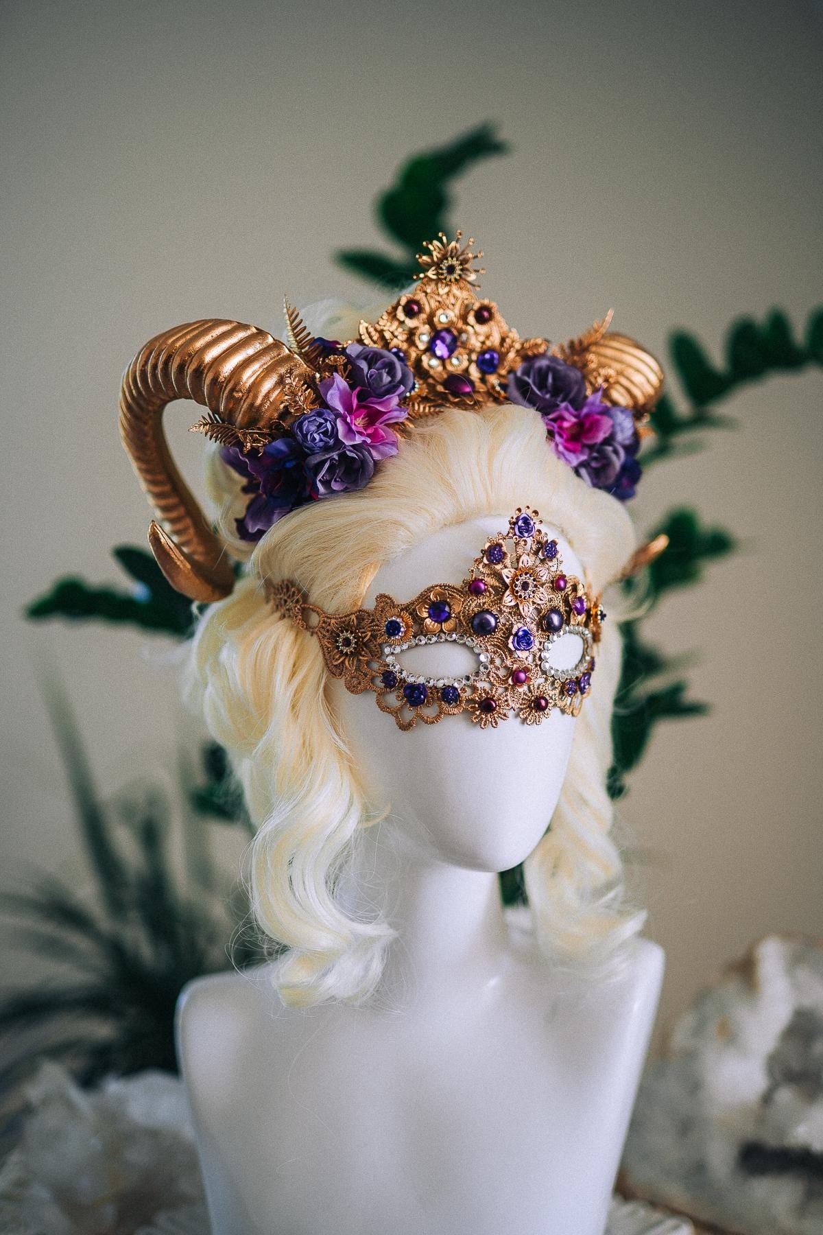 Aries Masquerade Mask, Fantasy Mask, Ram Goddess Mask, Purple Venetian Mask, Zodiac Costume Mask, Luxury Carnival Mask