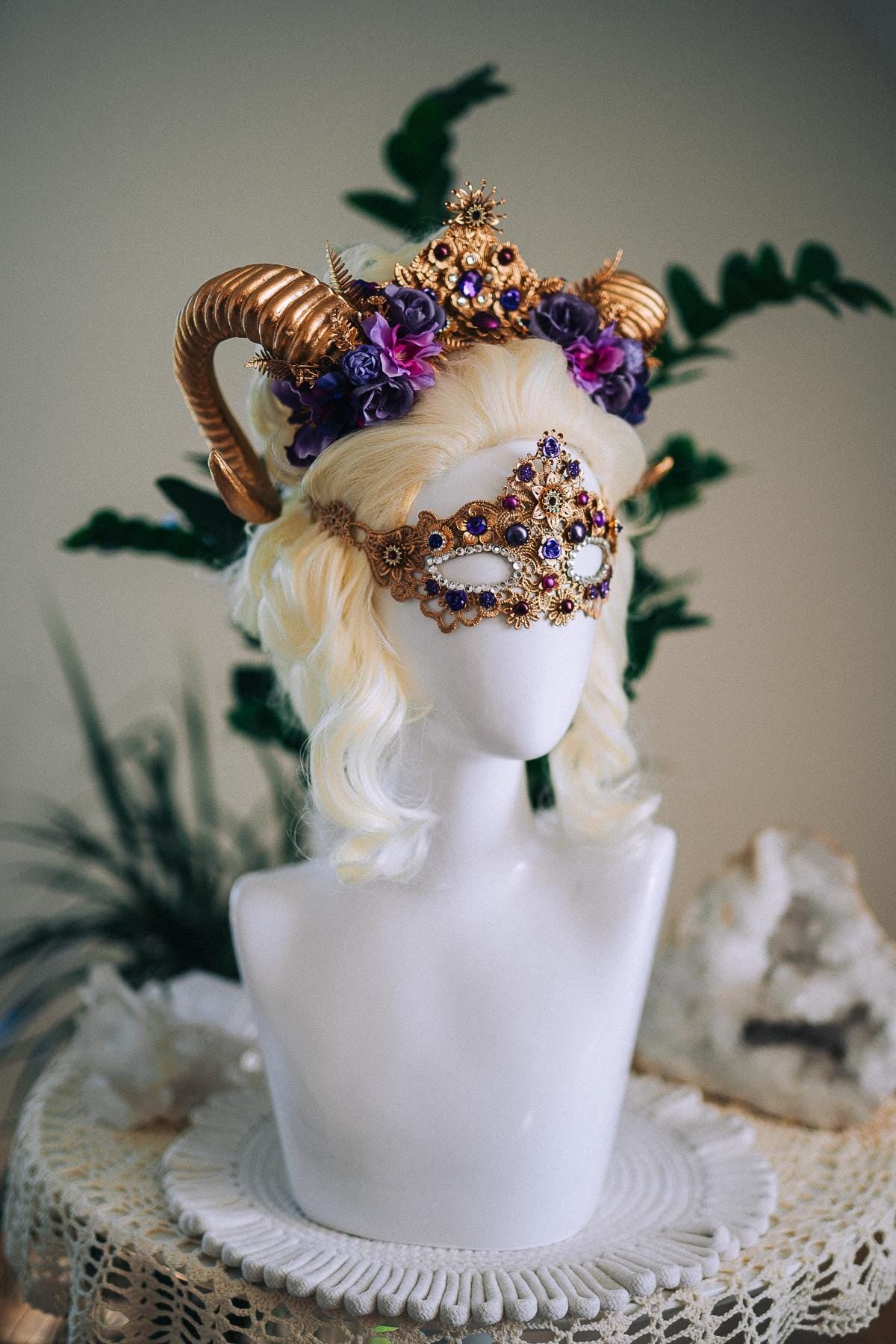 Aries Masquerade Mask, Fantasy Mask, Ram Goddess Mask, Purple Venetian Mask, Zodiac Costume Mask, Luxury Carnival Mask