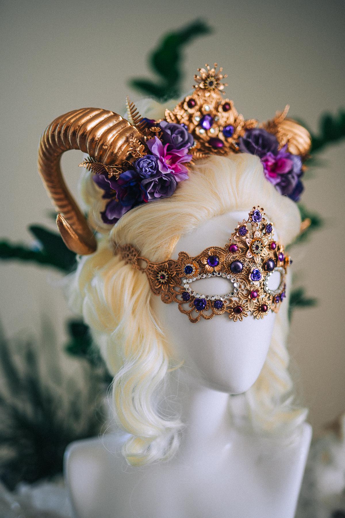 Aries Masquerade Mask, Fantasy Mask, Ram Goddess Mask, Purple Venetian Mask, Zodiac Costume Mask, Luxury Carnival Mask