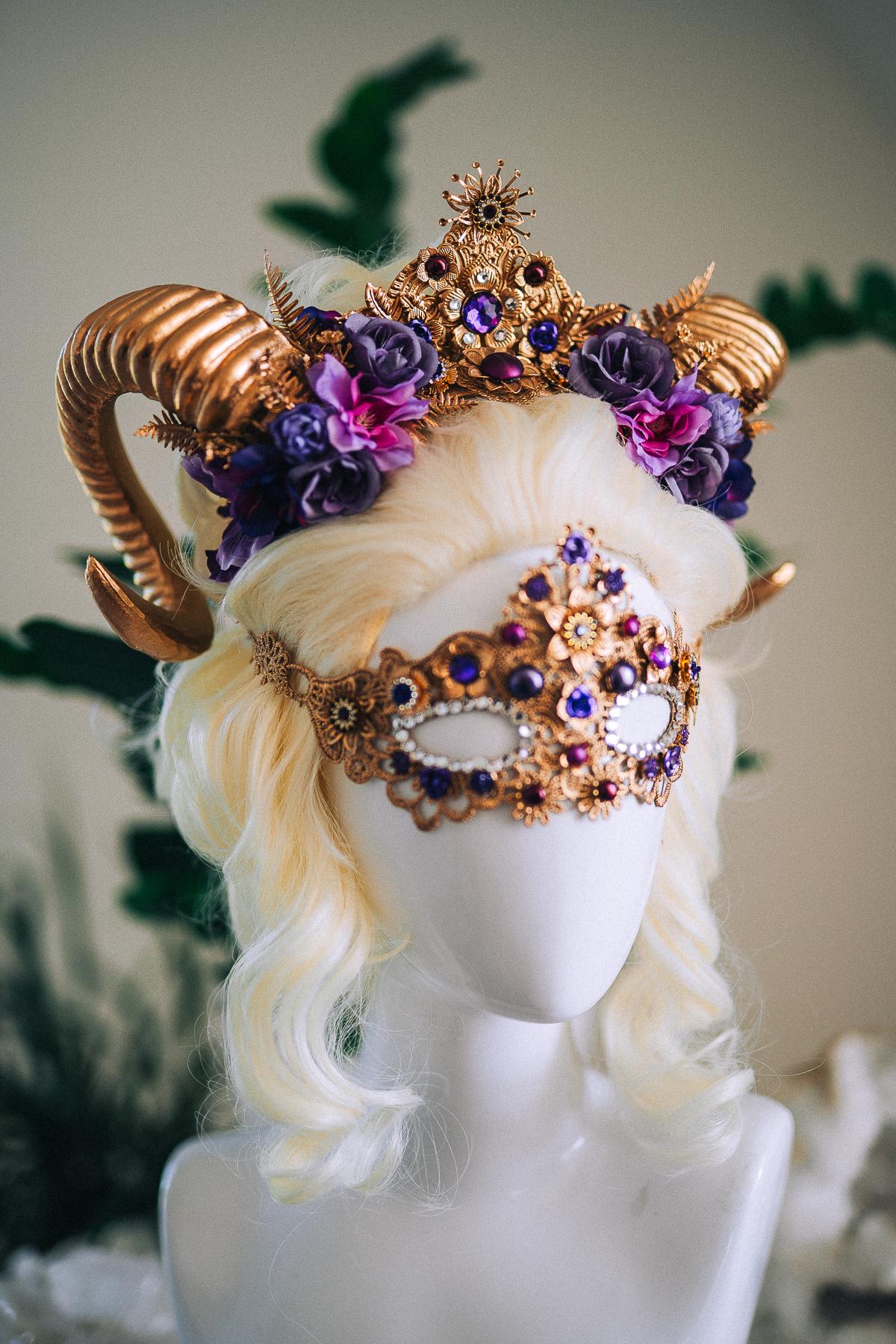Aries Masquerade Mask, Fantasy Mask, Ram Goddess Mask, Purple Venetian Mask, Zodiac Costume Mask, Luxury Carnival Mask