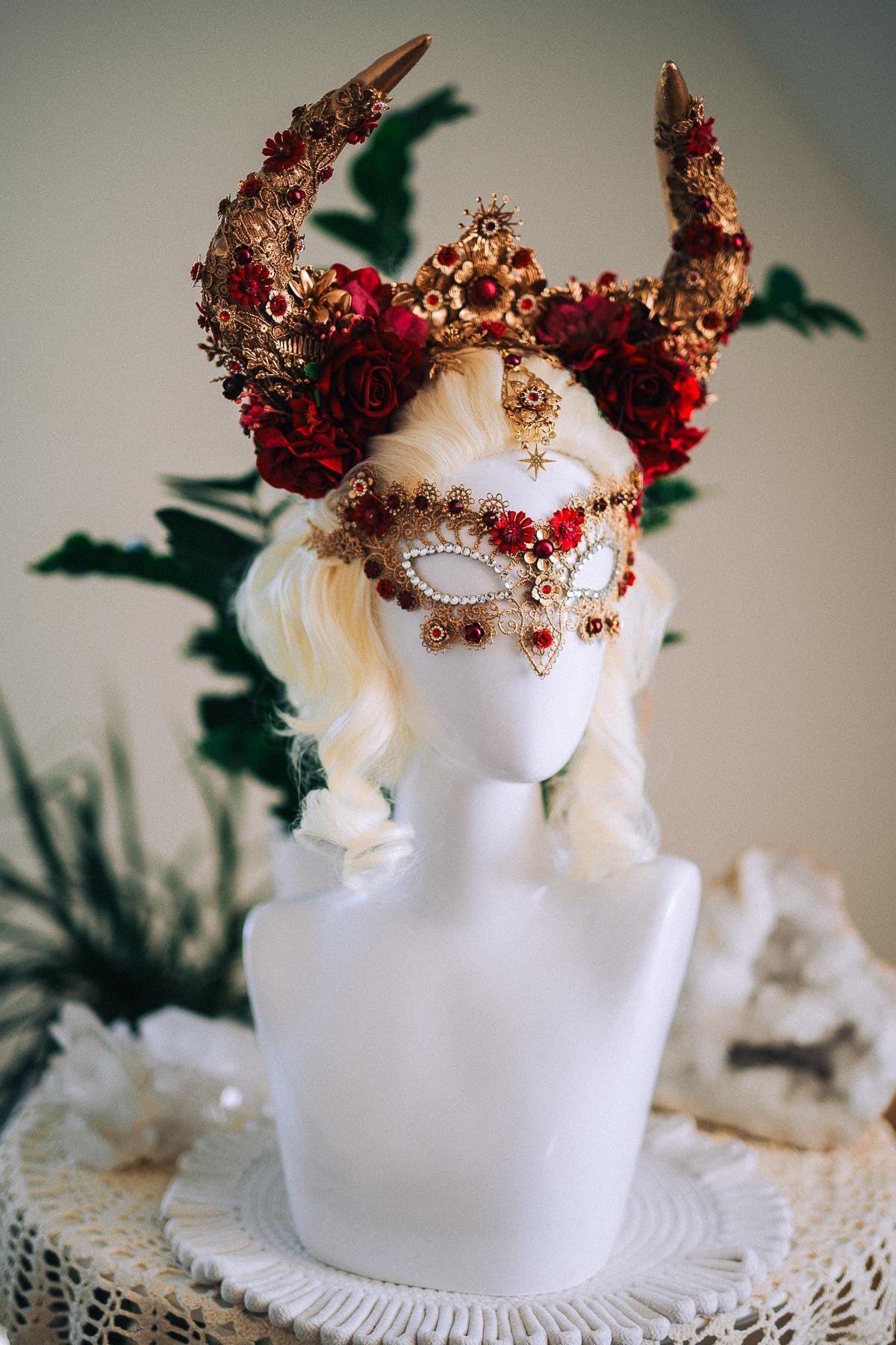 Taurus Horn Crown, Fantasy Masquerade Crown, Zodiac Goddess Crown, Burgundy Floral Crown, Venetian Carnival Headpiece
