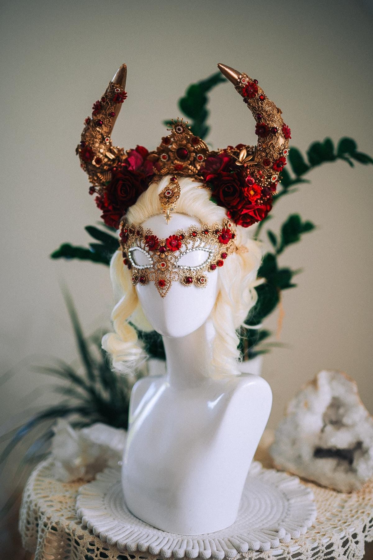 Taurus Horn Crown, Fantasy Masquerade Crown, Zodiac Goddess Crown, Burgundy Floral Crown, Venetian Carnival Headpiece