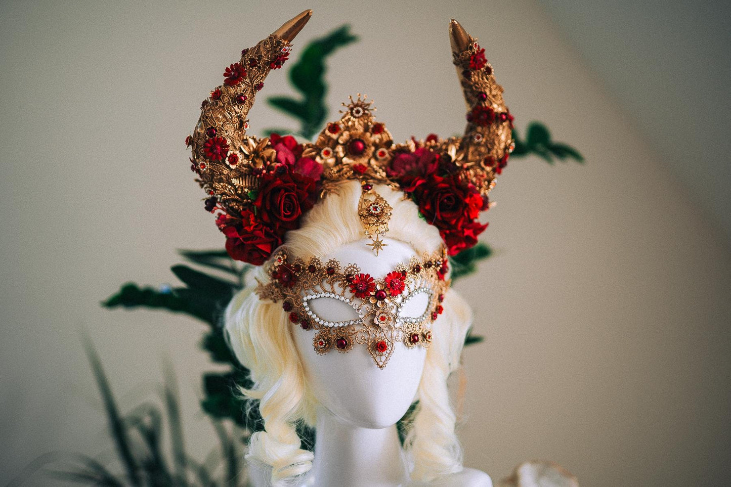 Taurus Horn Crown, Fantasy Masquerade Crown, Zodiac Goddess Crown, Burgundy Floral Crown, Venetian Carnival Headpiece