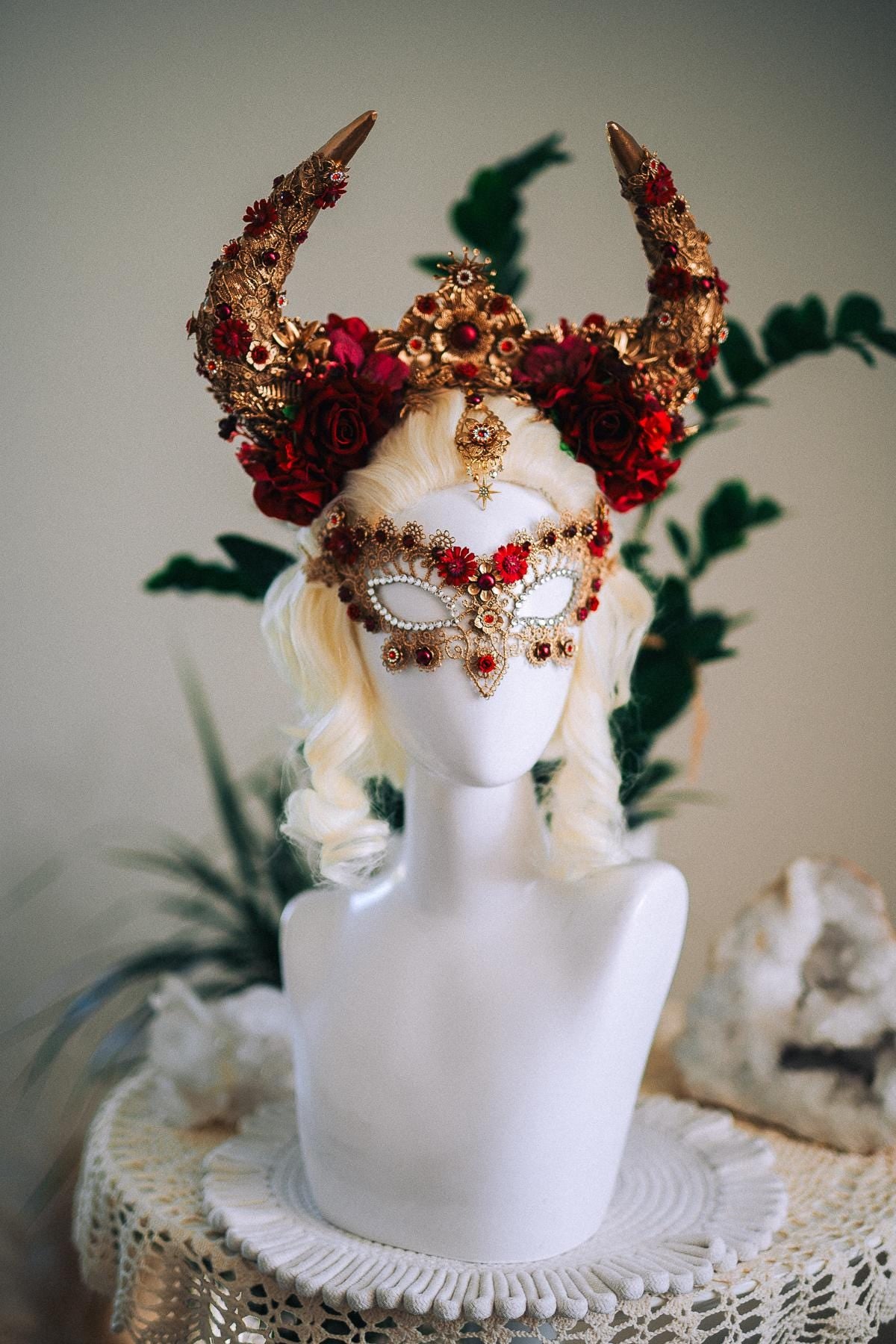 Taurus Horn Crown, Fantasy Masquerade Crown, Zodiac Goddess Crown, Burgundy Floral Crown, Venetian Carnival Headpiece