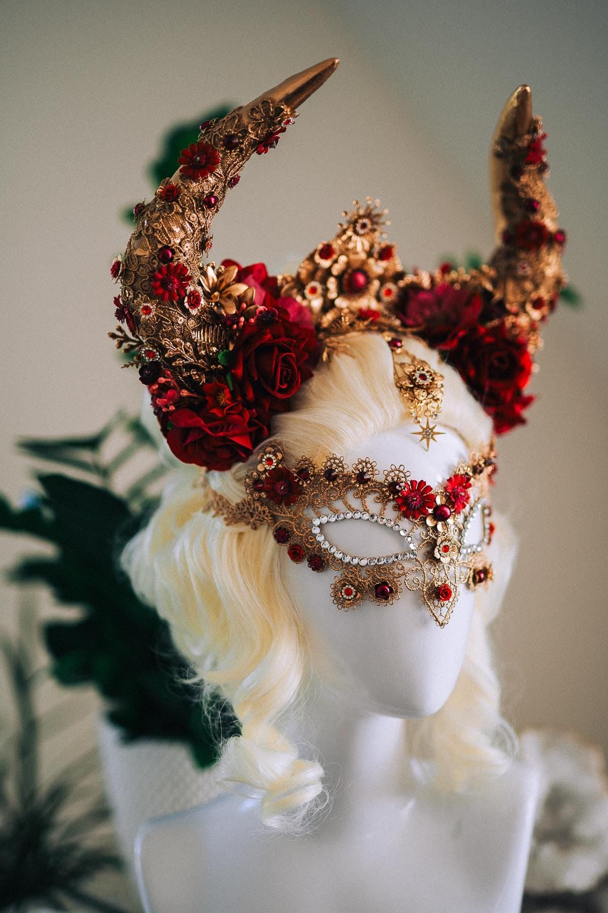 Taurus Horn Crown, Fantasy Masquerade Crown, Zodiac Goddess Crown, Burgundy Floral Crown, Venetian Carnival Headpiece