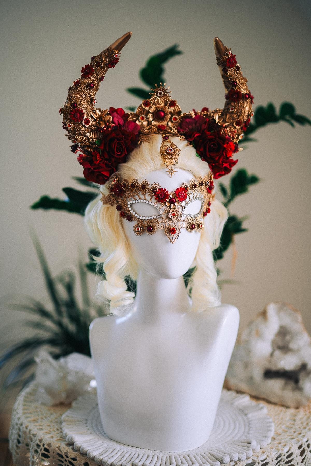 Taurus Masquerade Mask, Burgundy Venetian Mask, Fantasy Carnival Mask, Zodiac Mask, Gothic Goddess Costume Mask