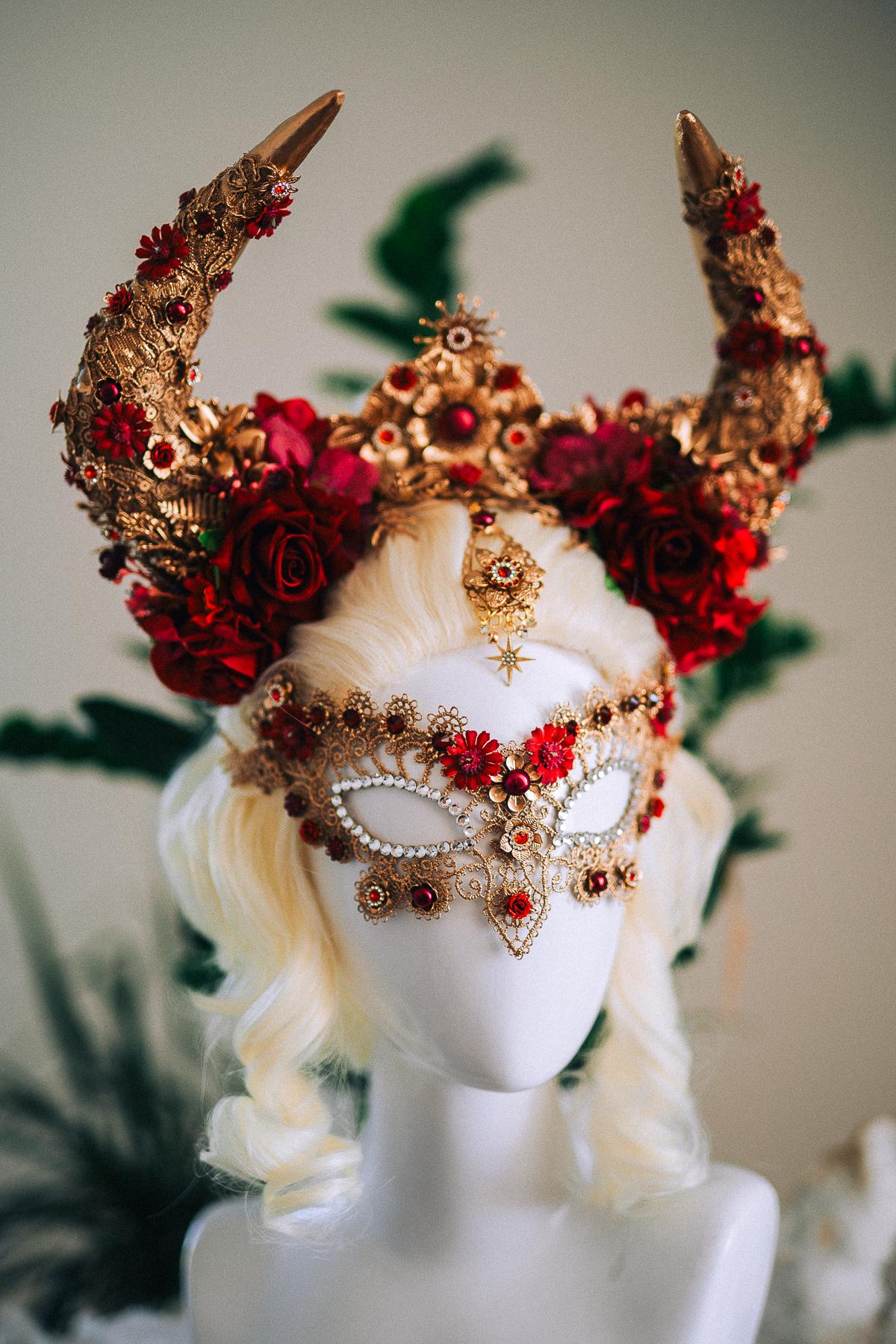 Taurus Masquerade Mask, Burgundy Venetian Mask, Fantasy Carnival Mask, Zodiac Mask, Gothic Goddess Costume Mask