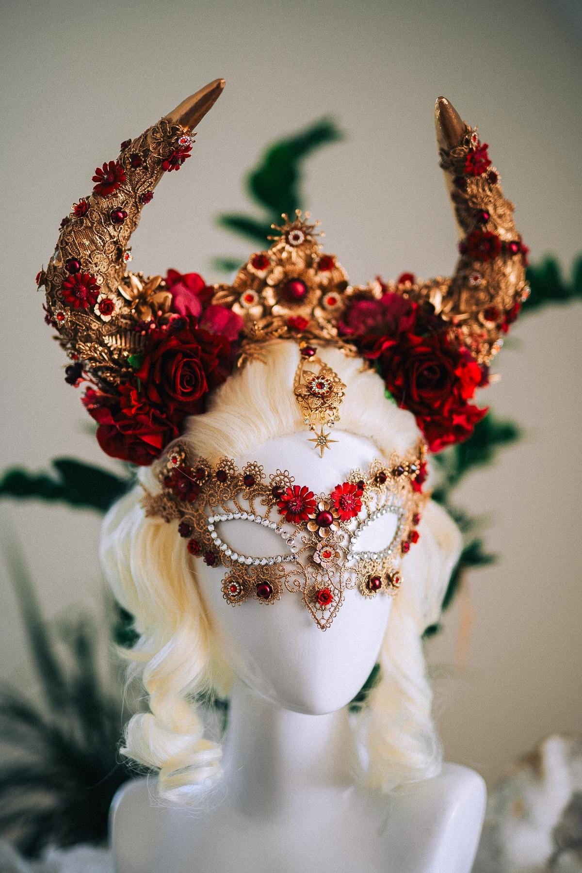 Taurus Masquerade Mask, Burgundy Venetian Mask, Fantasy Carnival Mask, Zodiac Mask, Gothic Goddess Costume Mask