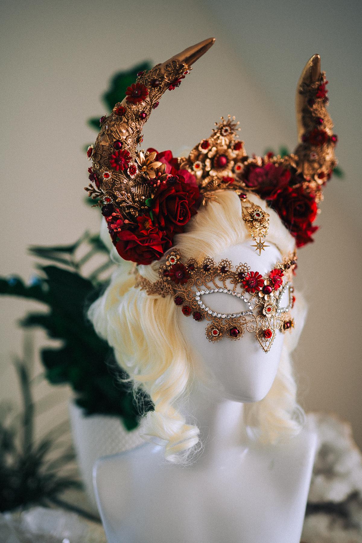 Taurus Masquerade Mask, Burgundy Venetian Mask, Fantasy Carnival Mask, Zodiac Mask, Gothic Goddess Costume Mask