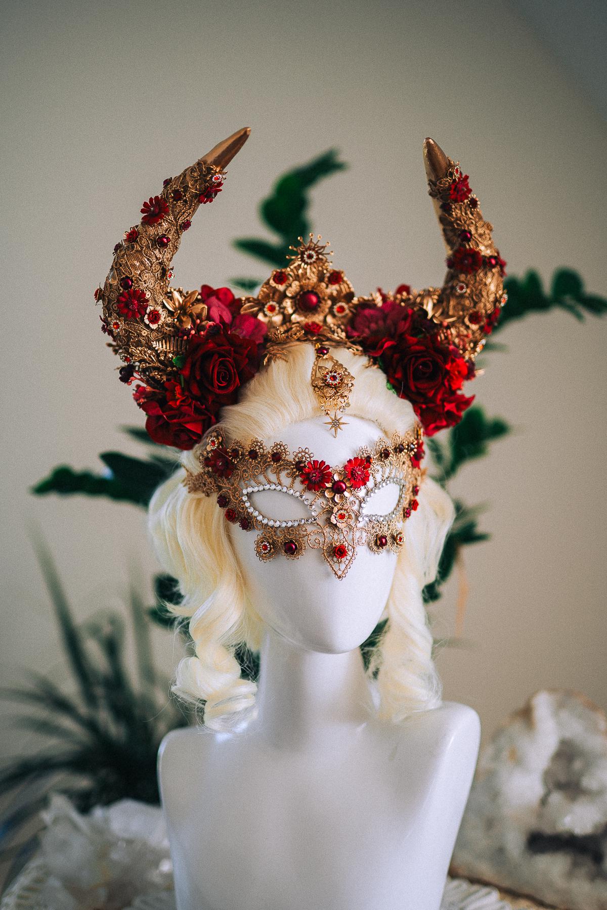 Taurus Masquerade Mask, Burgundy Venetian Mask, Fantasy Carnival Mask, Zodiac Mask, Gothic Goddess Costume Mask
