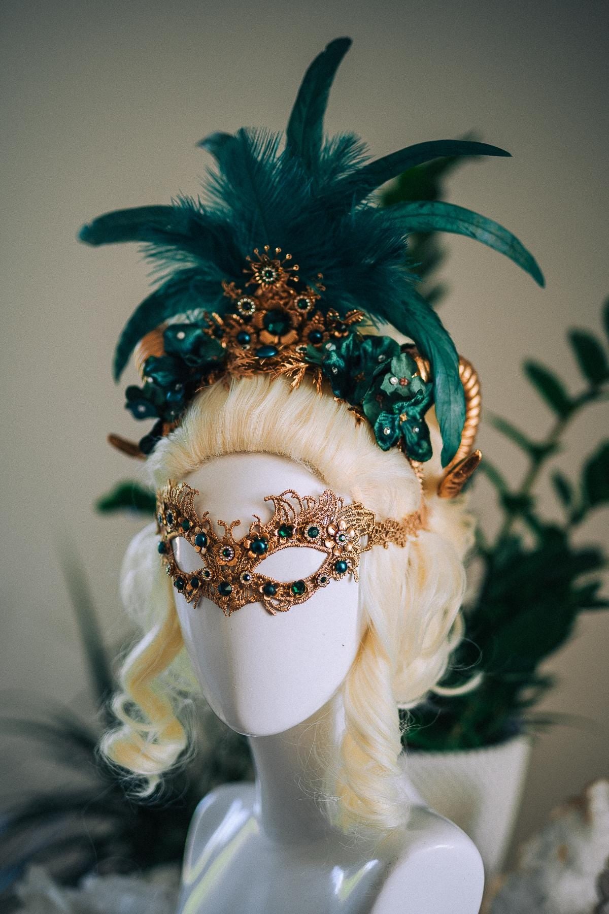 Emerald Fantasy Horn Crown, Emerald Feather Crown, Masquerade Crown, Fantasy Goddess Crown, Venetian Carnival Headpiece
