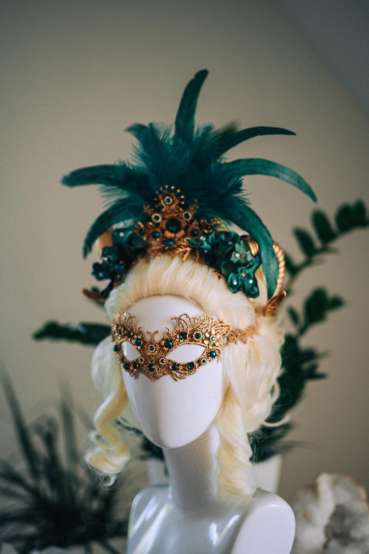 Emerald Fantasy Horn Crown, Emerald Feather Crown, Masquerade Crown, Fantasy Goddess Crown, Venetian Carnival Headpiece