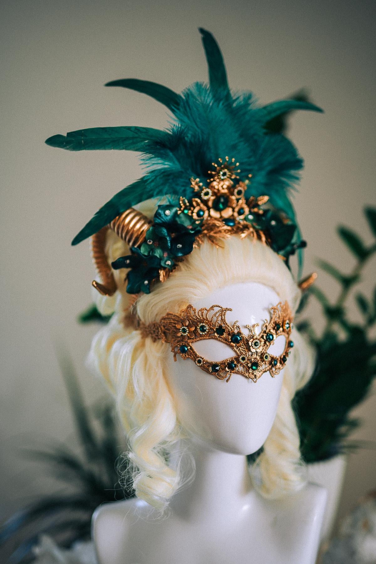 Emerald Fantasy Horn Crown, Emerald Feather Crown, Masquerade Crown, Fantasy Goddess Crown, Venetian Carnival Headpiece