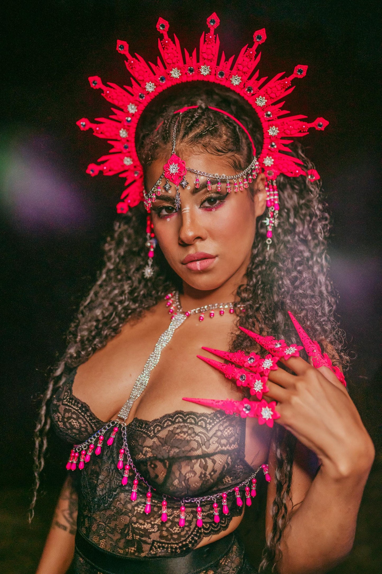 Neon Pink Festival Harness UV Rave Body Chain Goddess Costume Accessory