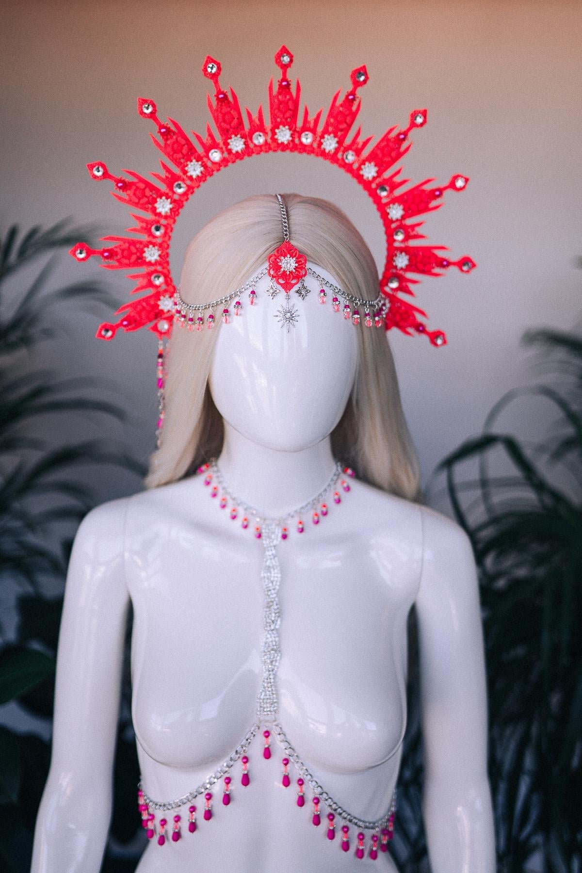 Neon Pink Festival Harness UV Rave Body Chain Goddess Costume Accessory