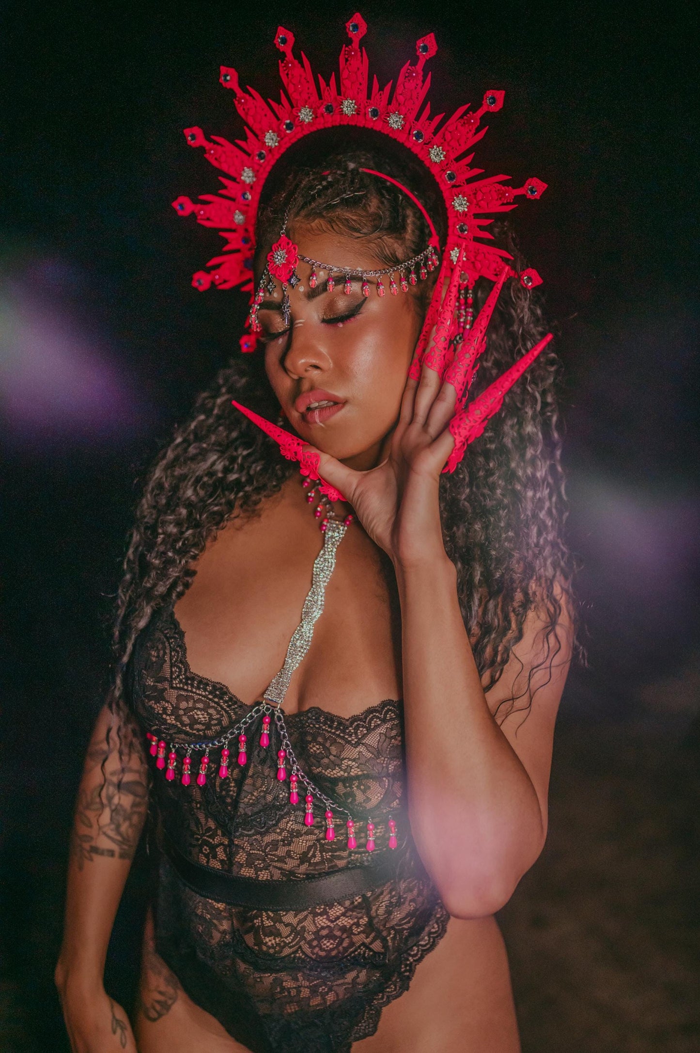 Neon Pink Halo Crown Festival Headpiece Rave Goddess Crown UV Costume Headpiece