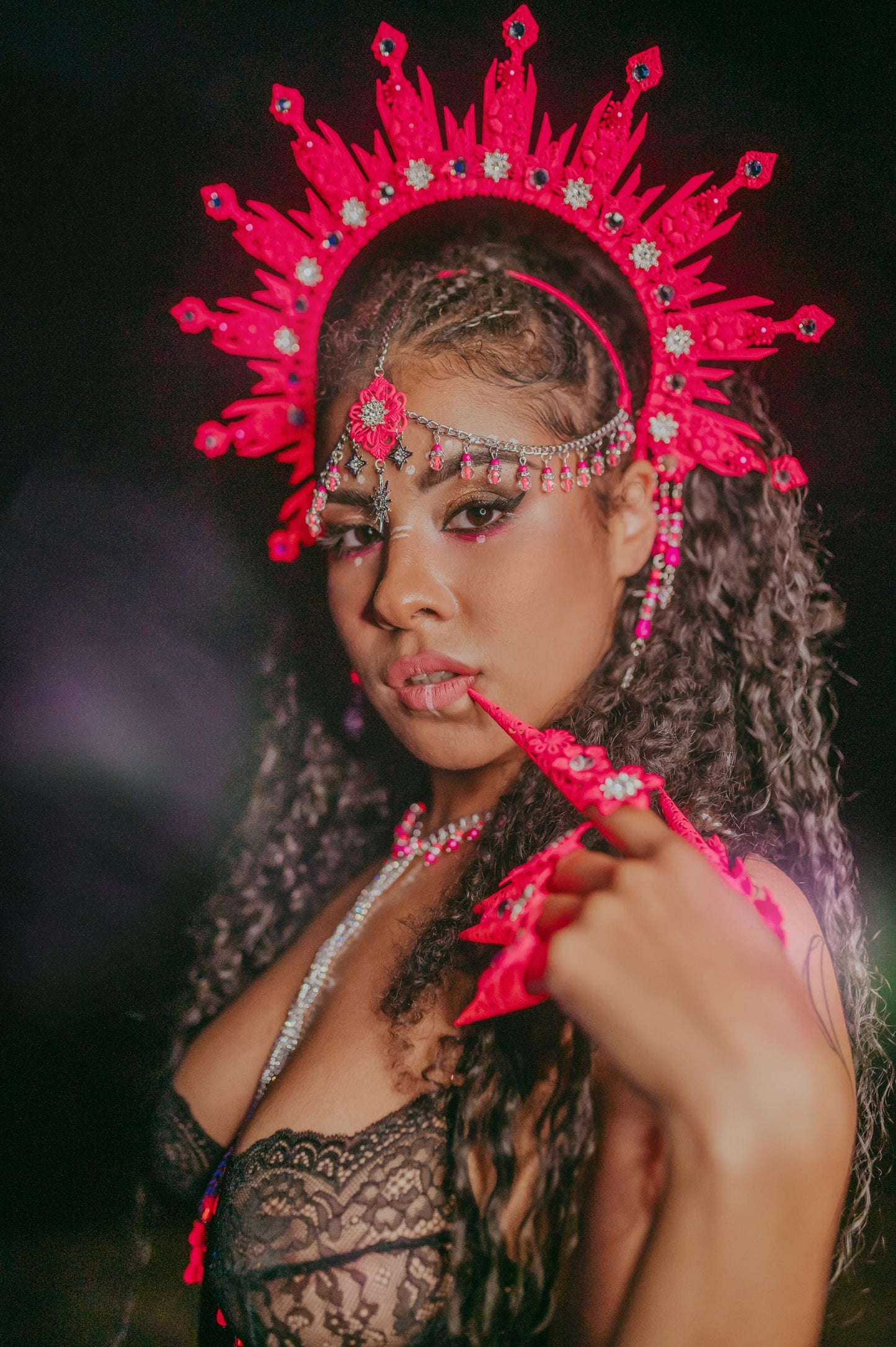 Neon Pink Halo Crown Festival Headpiece Rave Goddess Crown UV Costume Headpiece