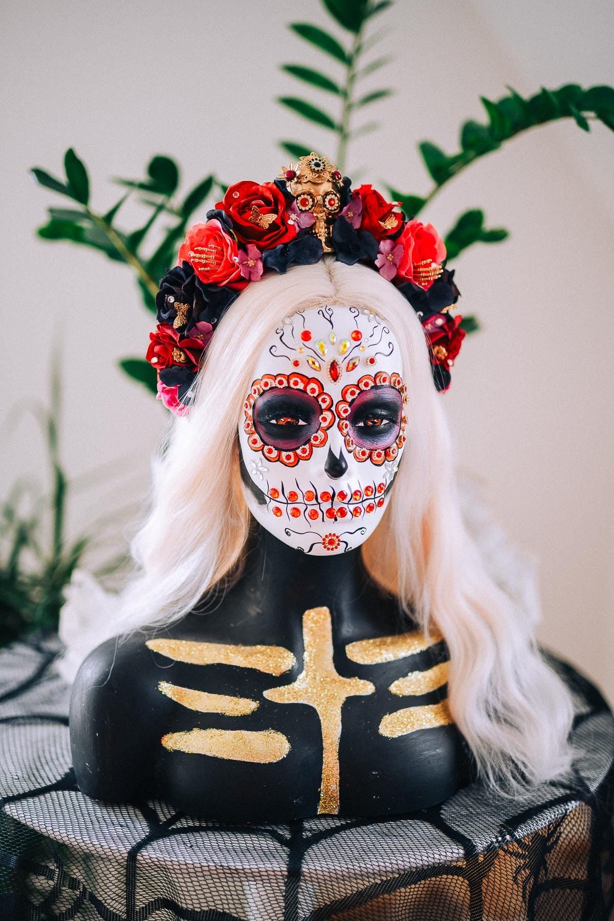 La Catrina Floral Crown, Día de los Muertos Headpiece, Mexican Flower Crown, Sugar Skull Crown, Couture Rose Headpiece