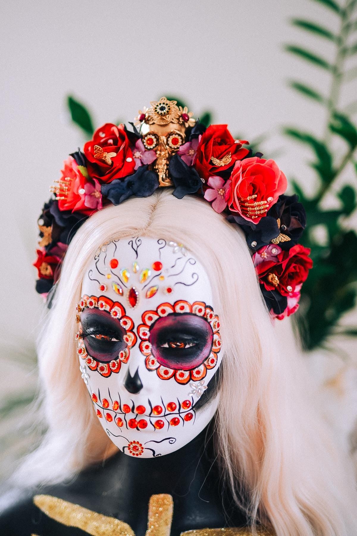 La Catrina Floral Crown, Día de los Muertos Headpiece, Mexican Flower Crown, Sugar Skull Crown, Couture Rose Headpiece