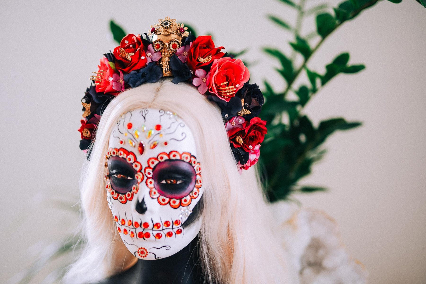 La Catrina Floral Crown, Día de los Muertos Headpiece, Mexican Flower Crown, Sugar Skull Crown, Couture Rose Headpiece