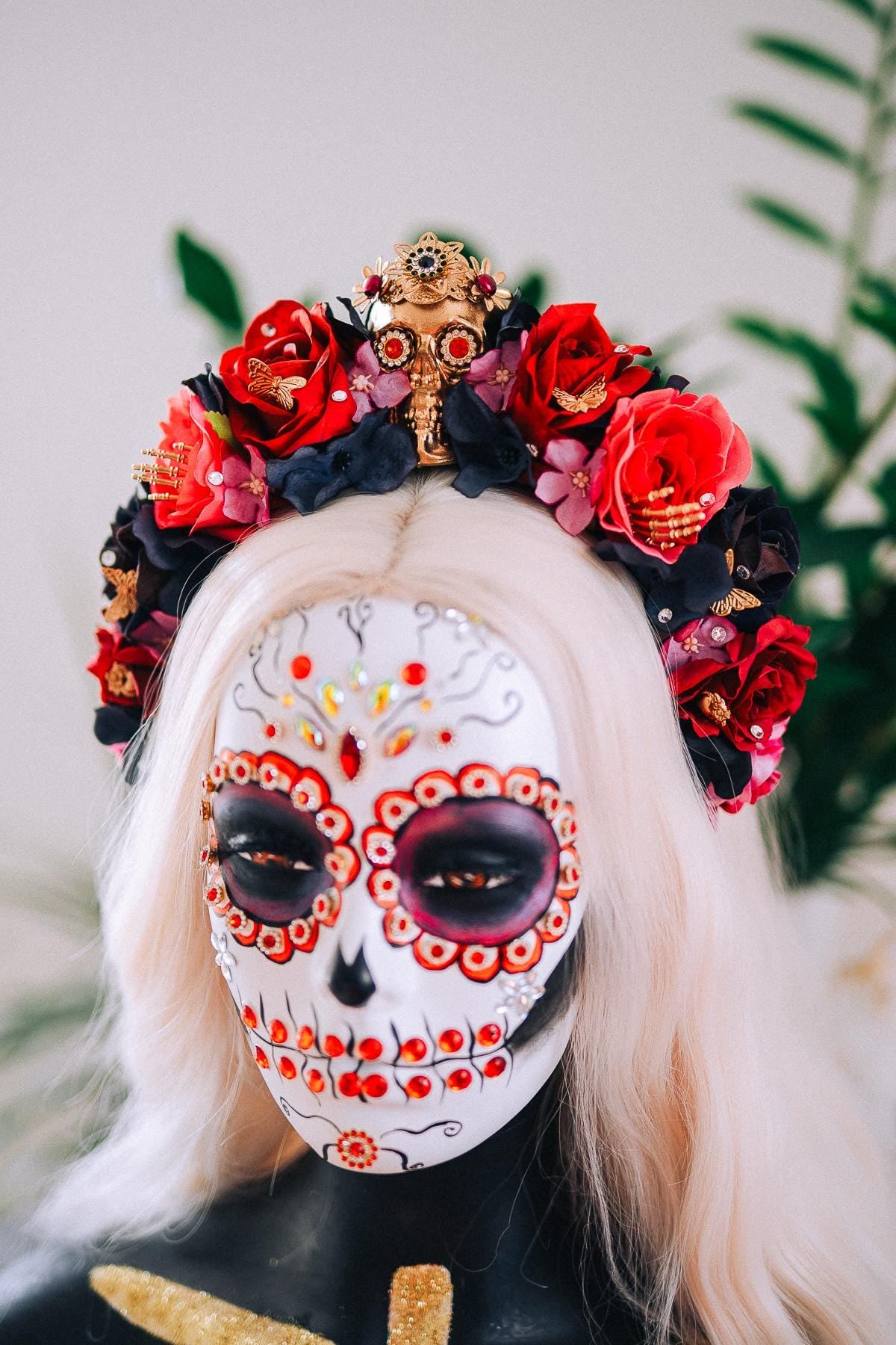 La Catrina Floral Crown, Día de los Muertos Headpiece, Mexican Flower Crown, Sugar Skull Crown, Couture Rose Headpiece
