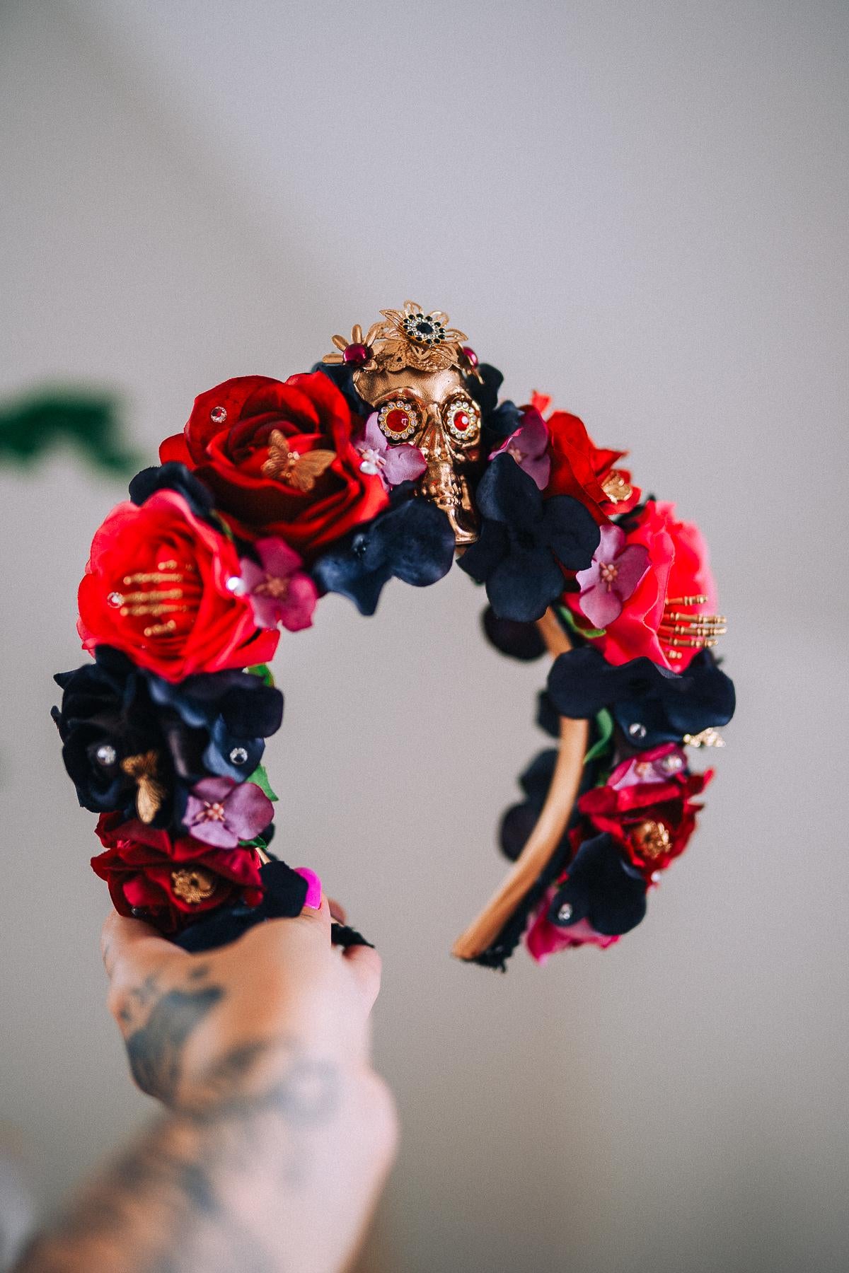 La Catrina Floral Crown, Día de los Muertos Headpiece, Mexican Flower Crown, Sugar Skull Crown, Couture Rose Headpiece