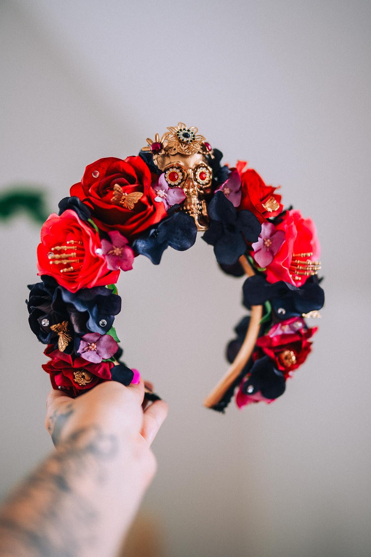 La Catrina Floral Crown, Día de los Muertos Headpiece, Mexican Flower Crown, Sugar Skull Crown, Couture Rose Headpiece