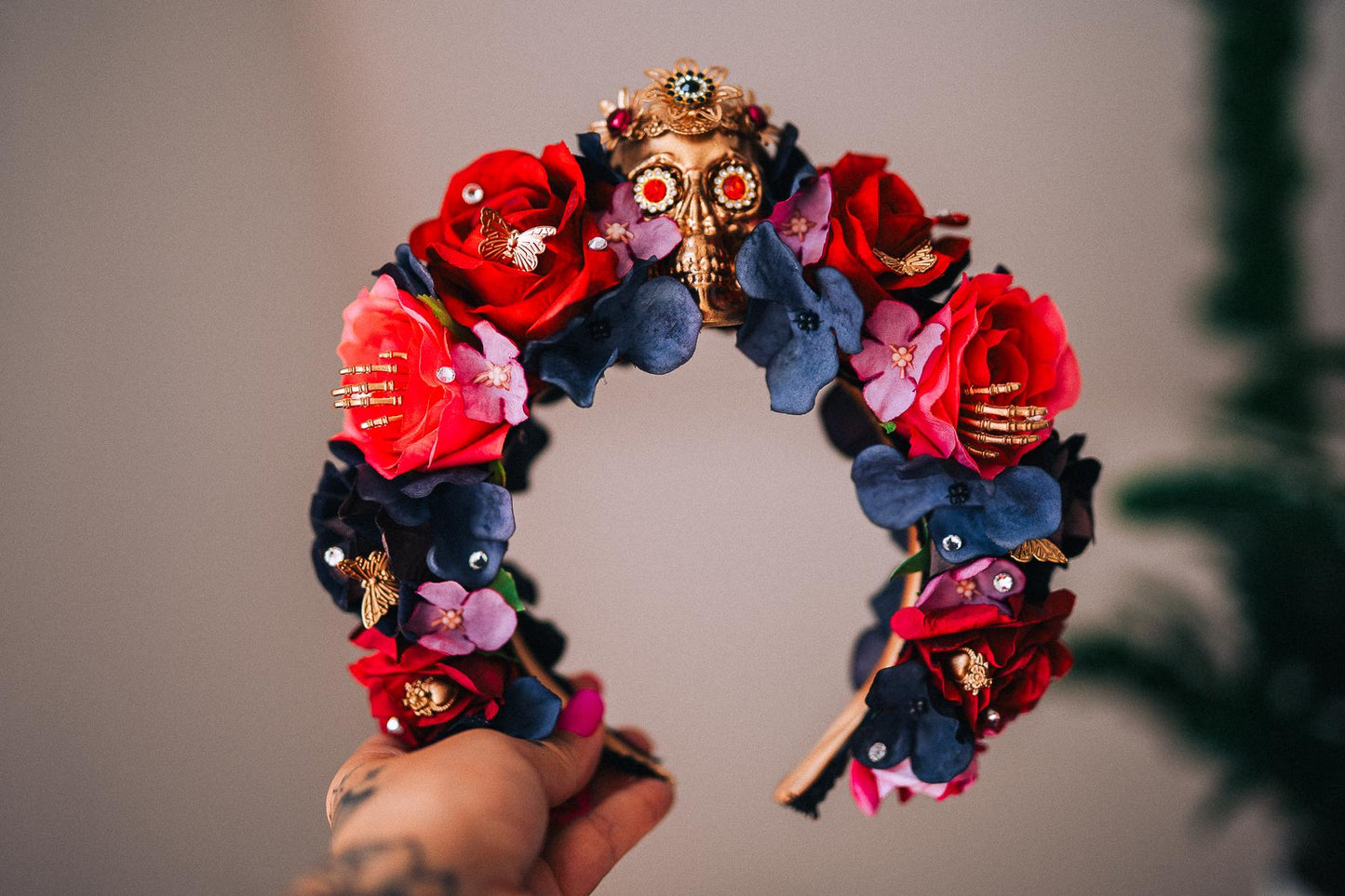 La Catrina Floral Crown, Día de los Muertos Headpiece, Mexican Flower Crown, Sugar Skull Crown, Couture Rose Headpiece