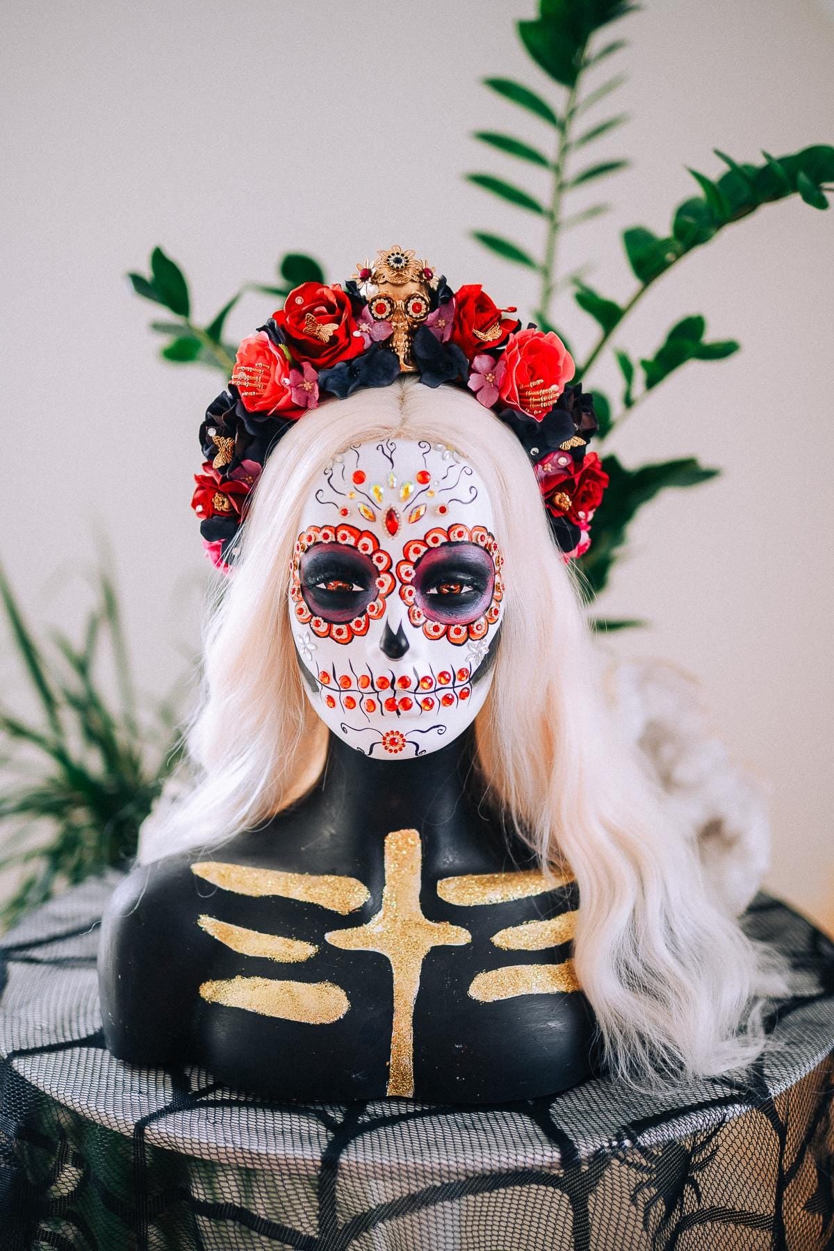 La Catrina Floral Crown, Día de los Muertos Headpiece, Mexican Flower Crown, Sugar Skull Crown, Couture Rose Headpiece