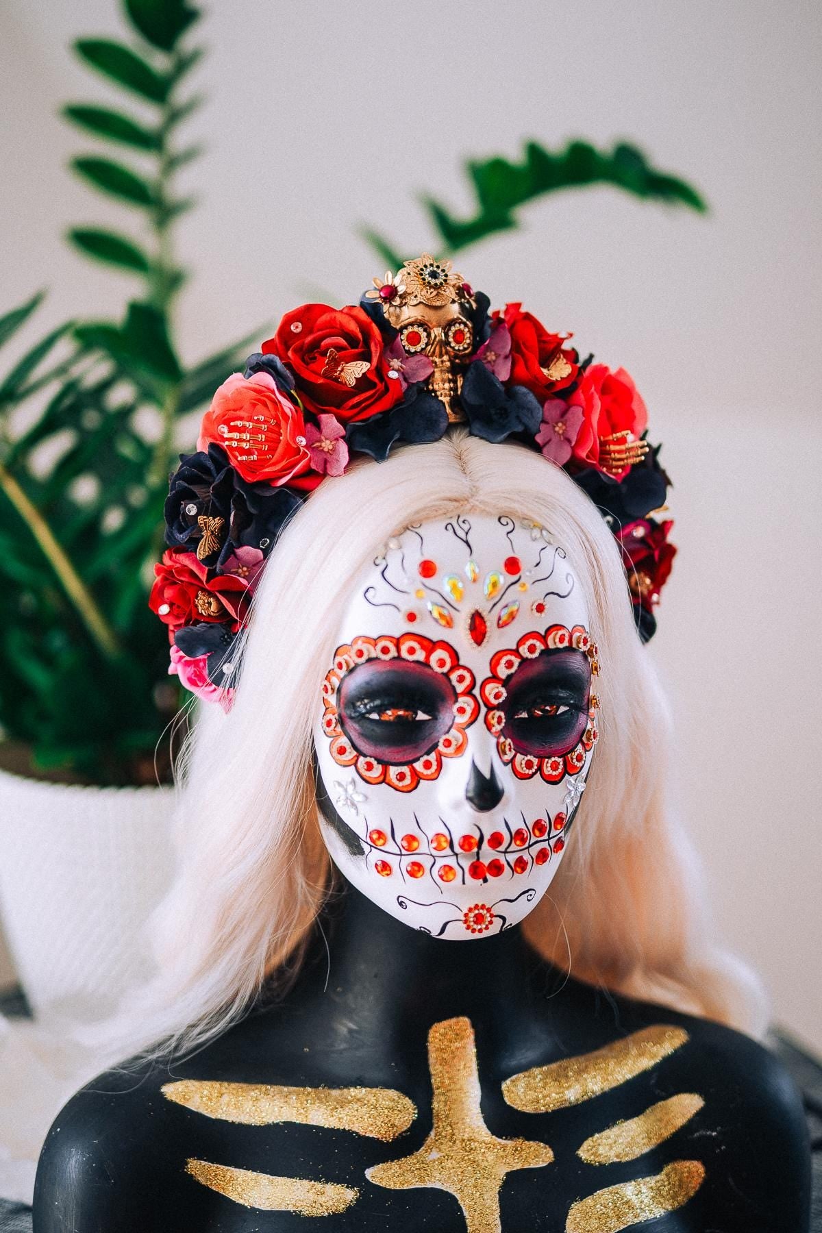 La Catrina Floral Crown, Día de los Muertos Headpiece, Mexican Flower Crown, Sugar Skull Crown, Couture Rose Headpiece