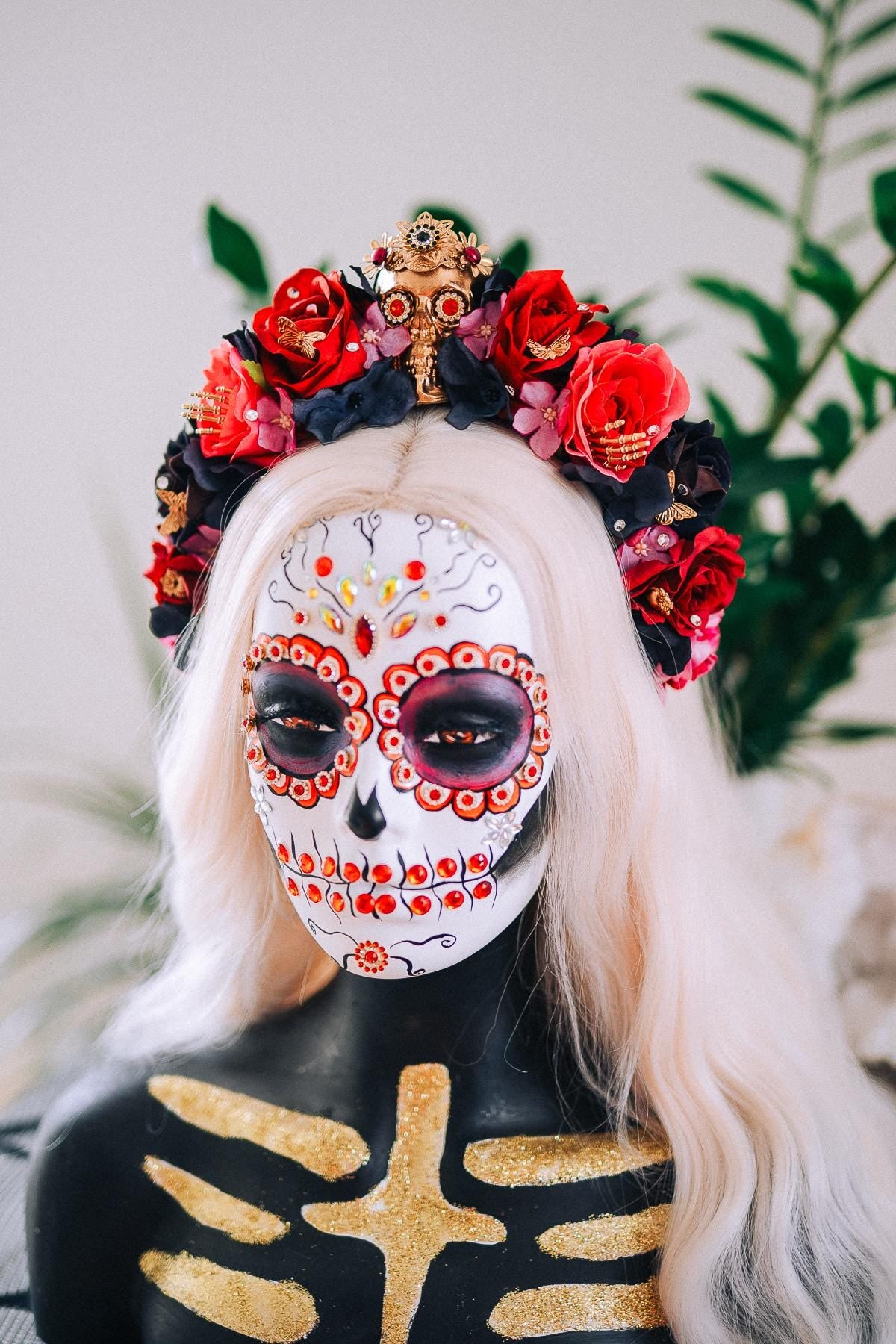 La Catrina Floral Crown, Día de los Muertos Headpiece, Mexican Flower Crown, Sugar Skull Crown, Couture Rose Headpiece