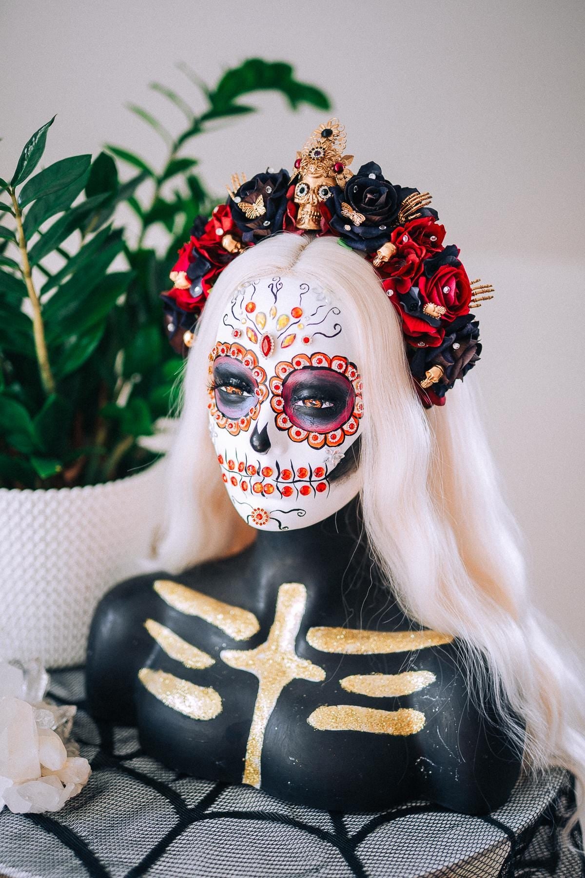 La Catrina Black Rose Crown, Día de los Muertos Headpiece, Mexican Floral Crown, Sugar Skull Crown, Artisan Flower Crown