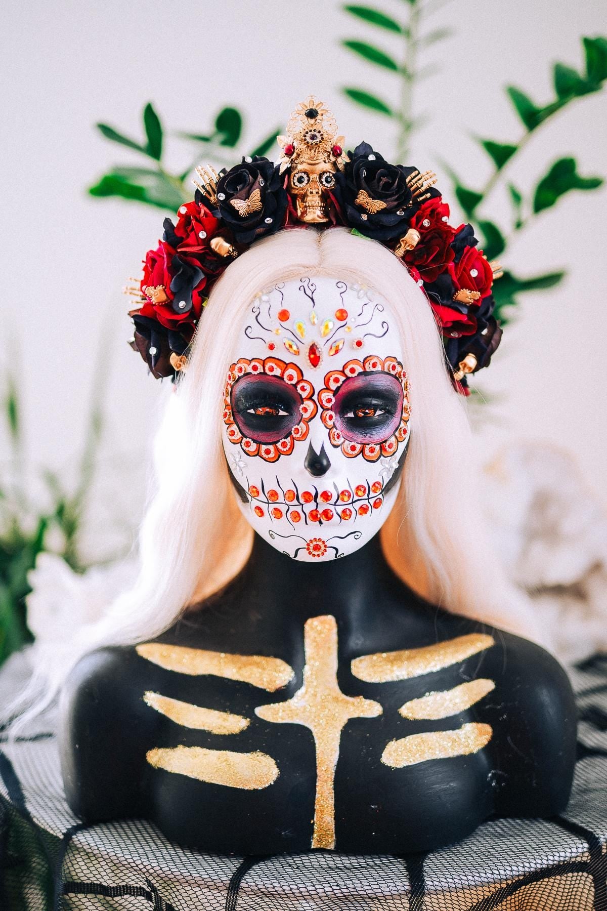 La Catrina Black Rose Crown, Día de los Muertos Headpiece, Mexican Floral Crown, Sugar Skull Crown, Artisan Flower Crown