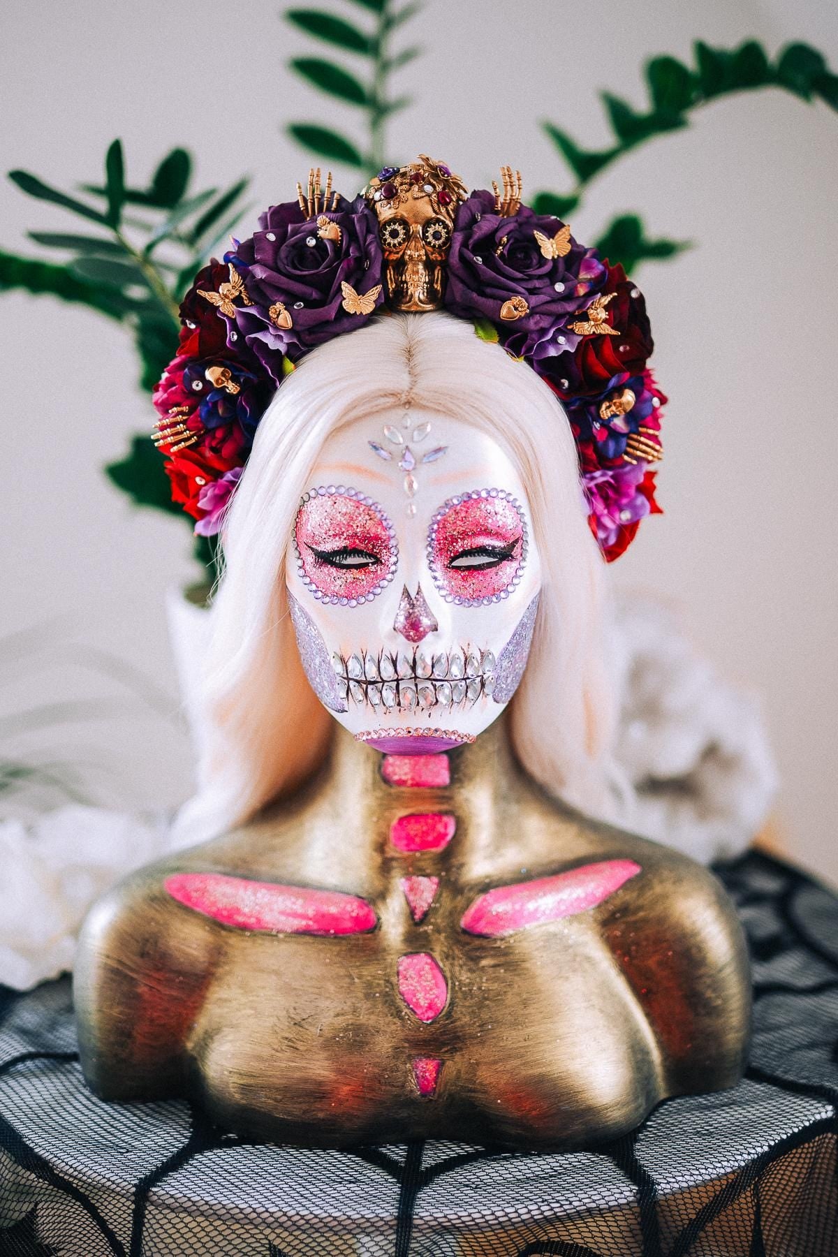 La Catrina Purple Rose Crown, Día de los Muertos Headpiece, Mexican Floral Crown, Sugar Skull Crown, Artisan Flower Crown