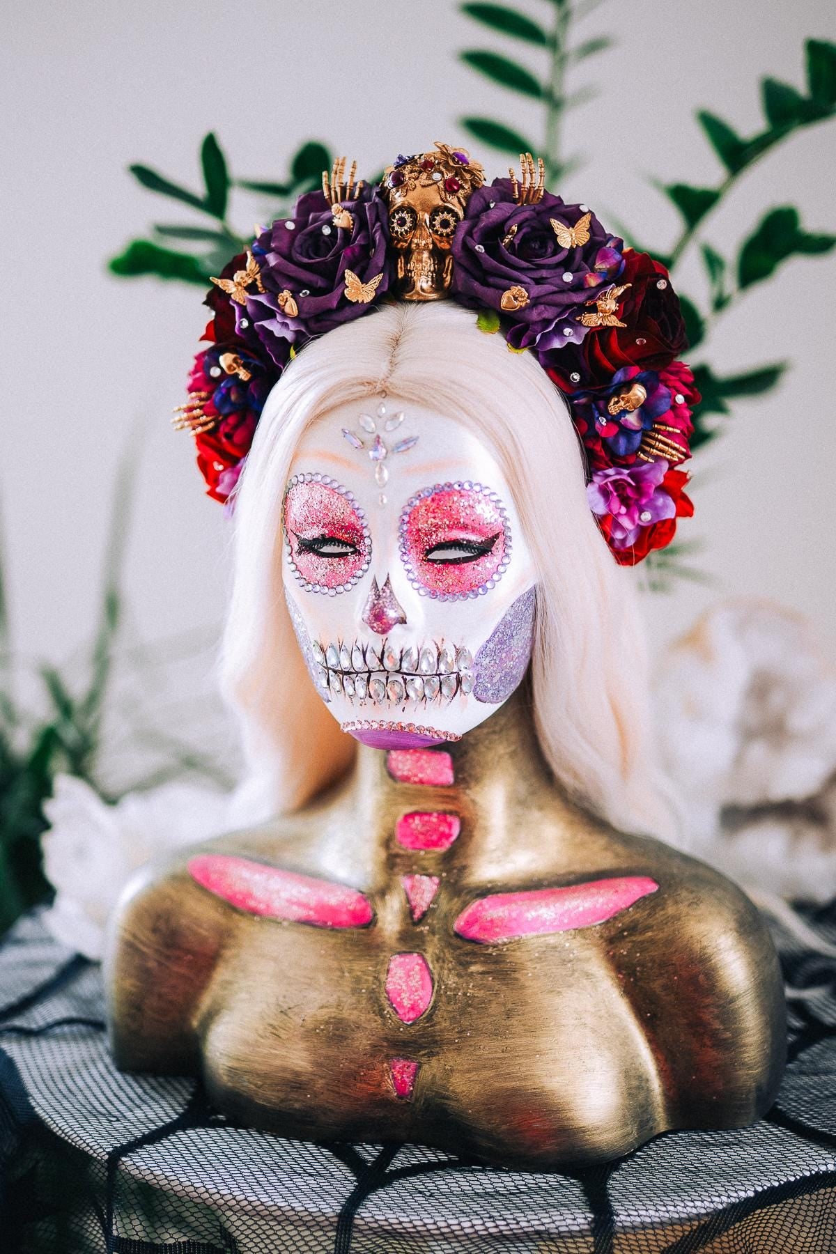 La Catrina Purple Rose Crown, Día de los Muertos Headpiece, Mexican Floral Crown, Sugar Skull Crown, Artisan Flower Crown