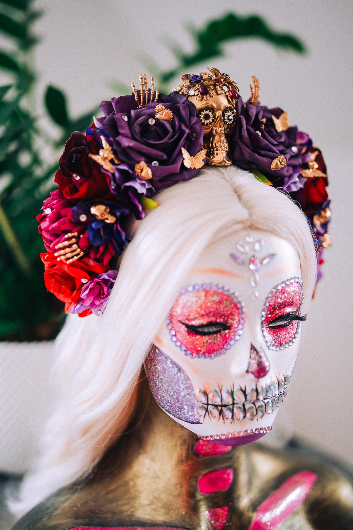 La Catrina Purple Rose Crown, Día de los Muertos Headpiece, Mexican Floral Crown, Sugar Skull Crown, Artisan Flower Crown