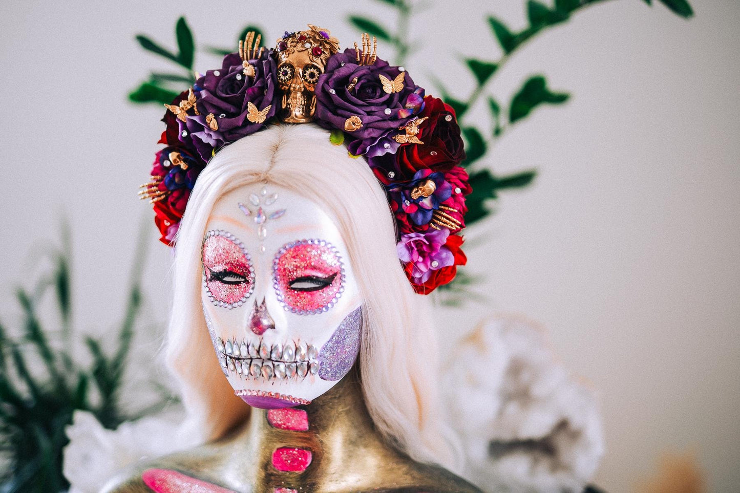 La Catrina Purple Rose Crown, Día de los Muertos Headpiece, Mexican Floral Crown, Sugar Skull Crown, Artisan Flower Crown