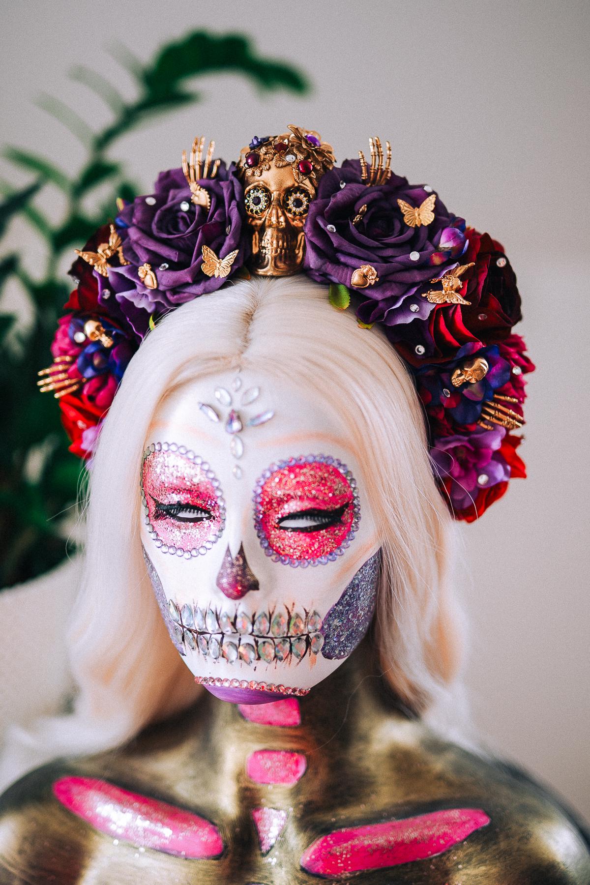 La Catrina Purple Rose Crown, Día de los Muertos Headpiece, Mexican Floral Crown, Sugar Skull Crown, Artisan Flower Crown