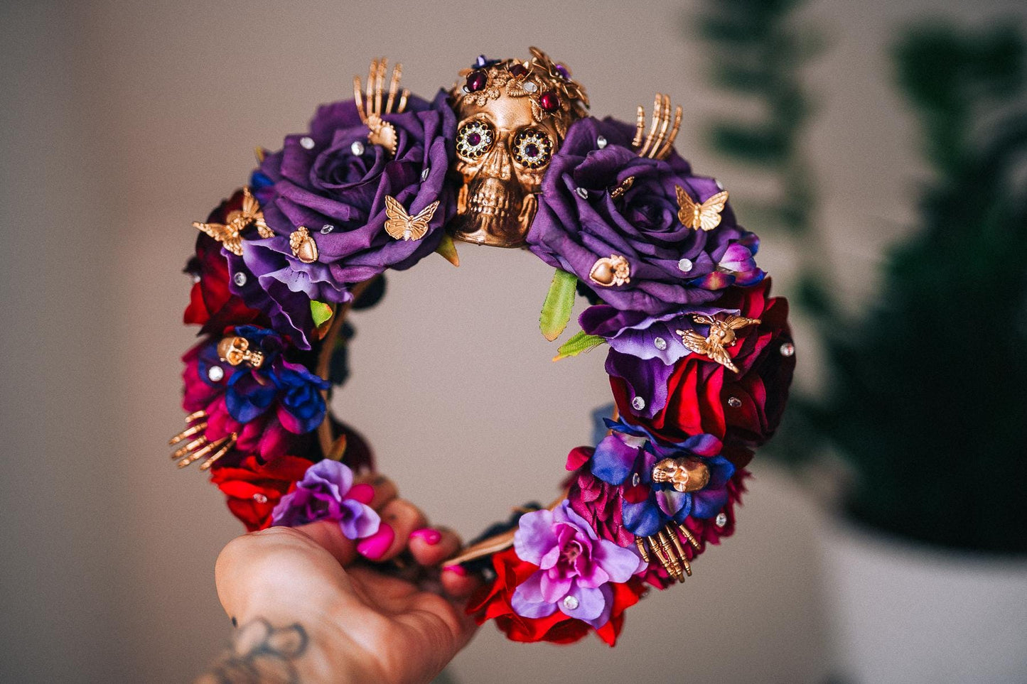 La Catrina Purple Rose Crown, Día de los Muertos Headpiece, Mexican Floral Crown, Sugar Skull Crown, Artisan Flower Crown